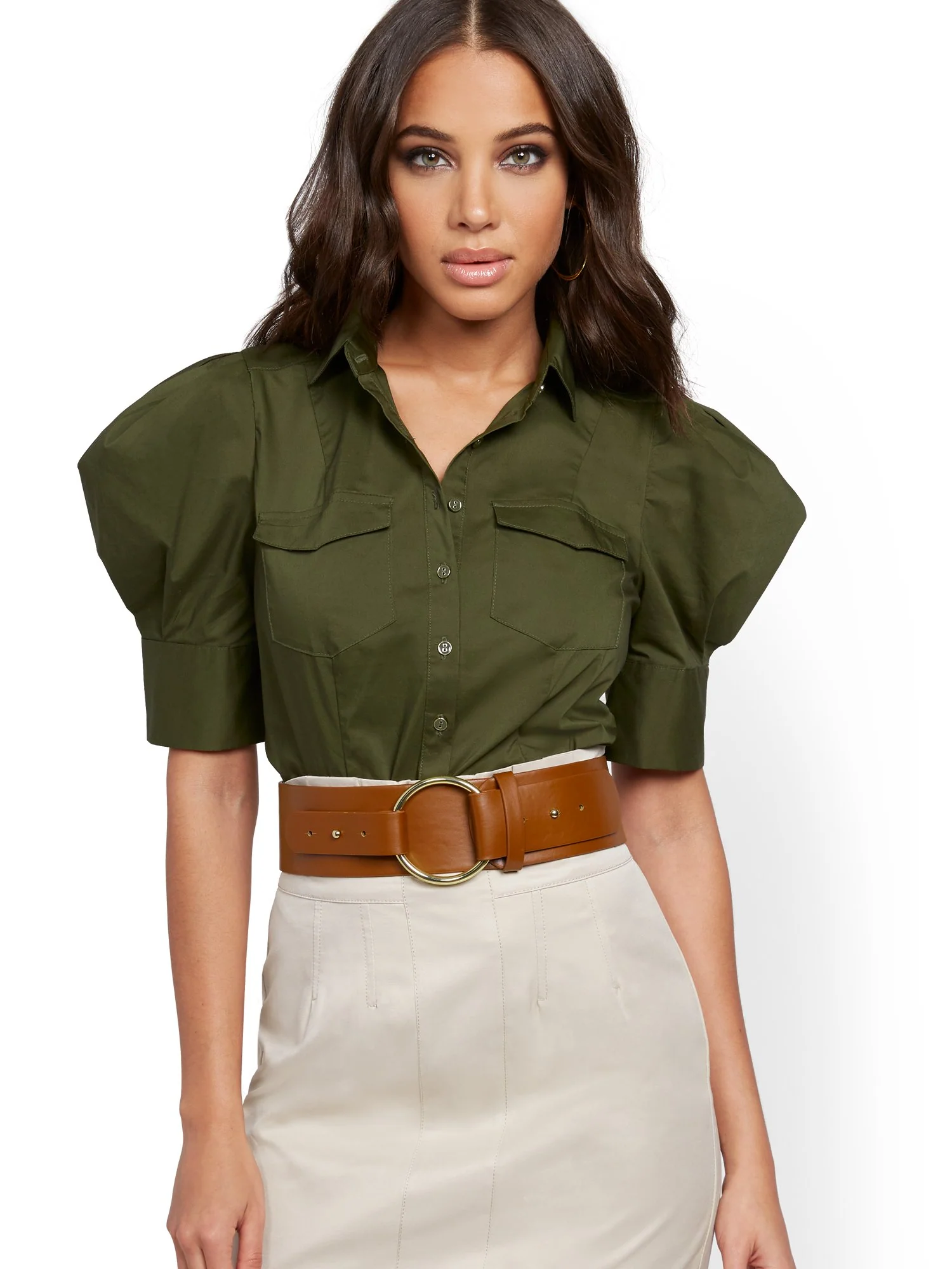 Olive Puff-Sleeve Poplin Shirt