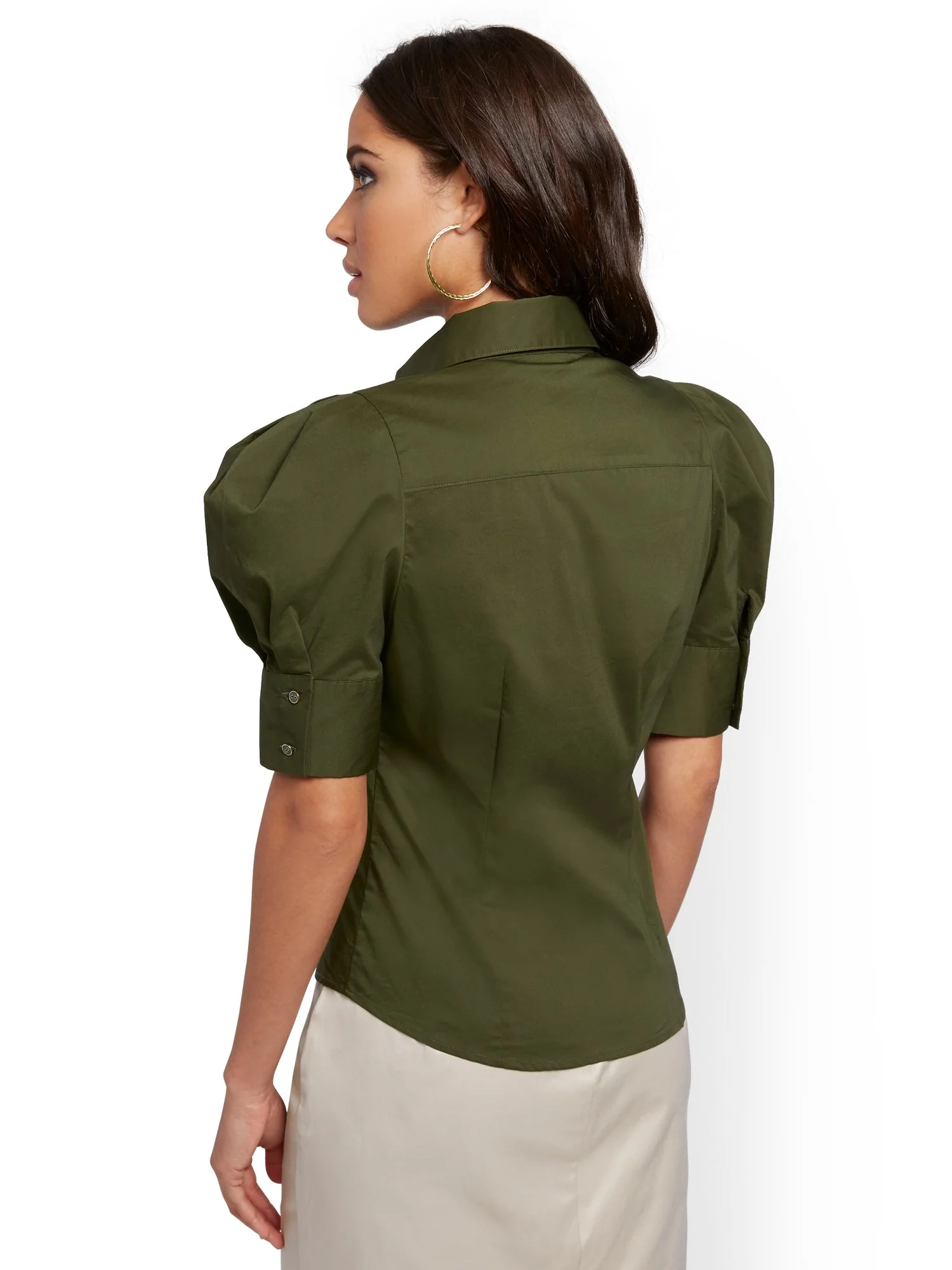Olive Puff-Sleeve Poplin Shirt - Image 3