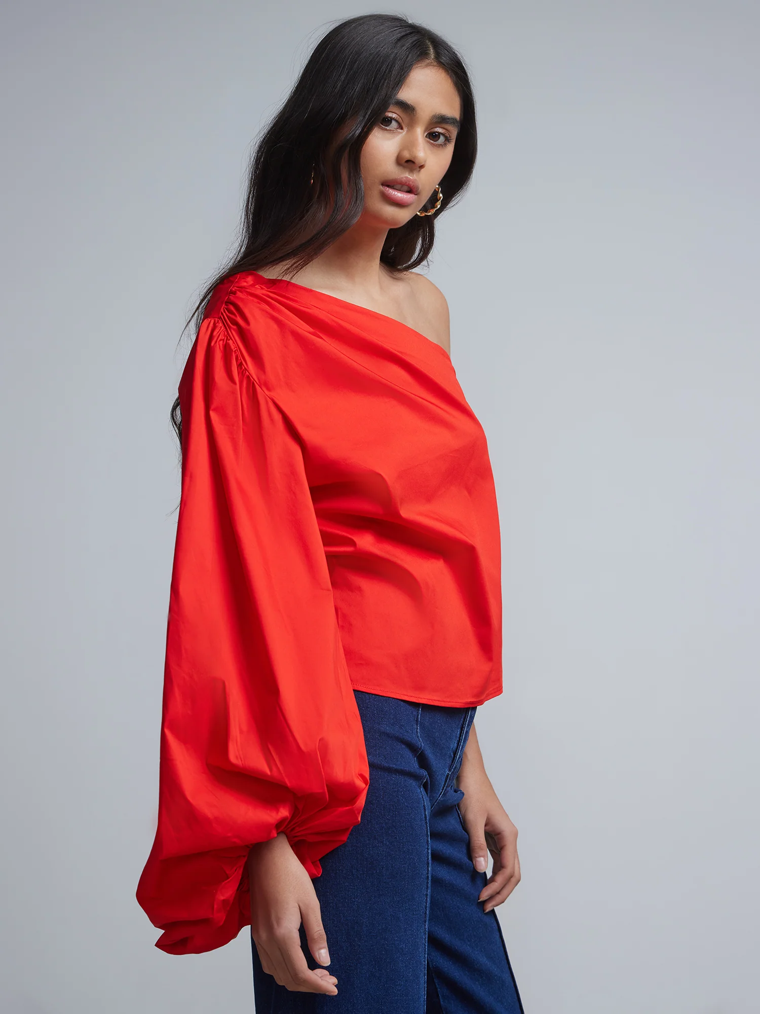 One-Shoulder Balloon-Sleeve Poplin Top - Image 2