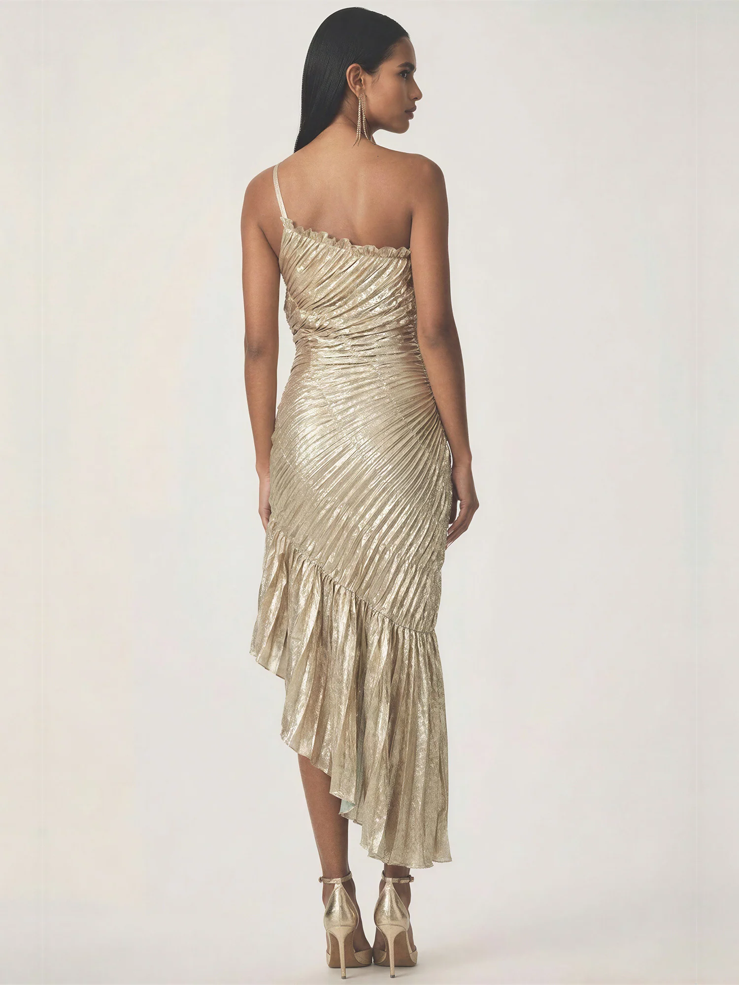 One Shoulder Metallic Ruched Midi Gown - Image 3