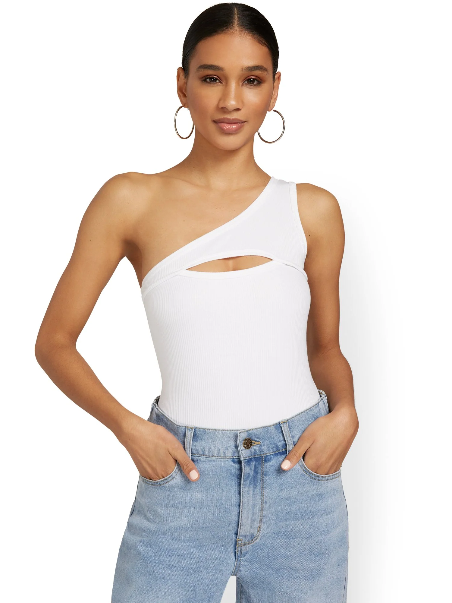 One-Shoulder Ribbed Cut-Out Bodysuit - Image 5