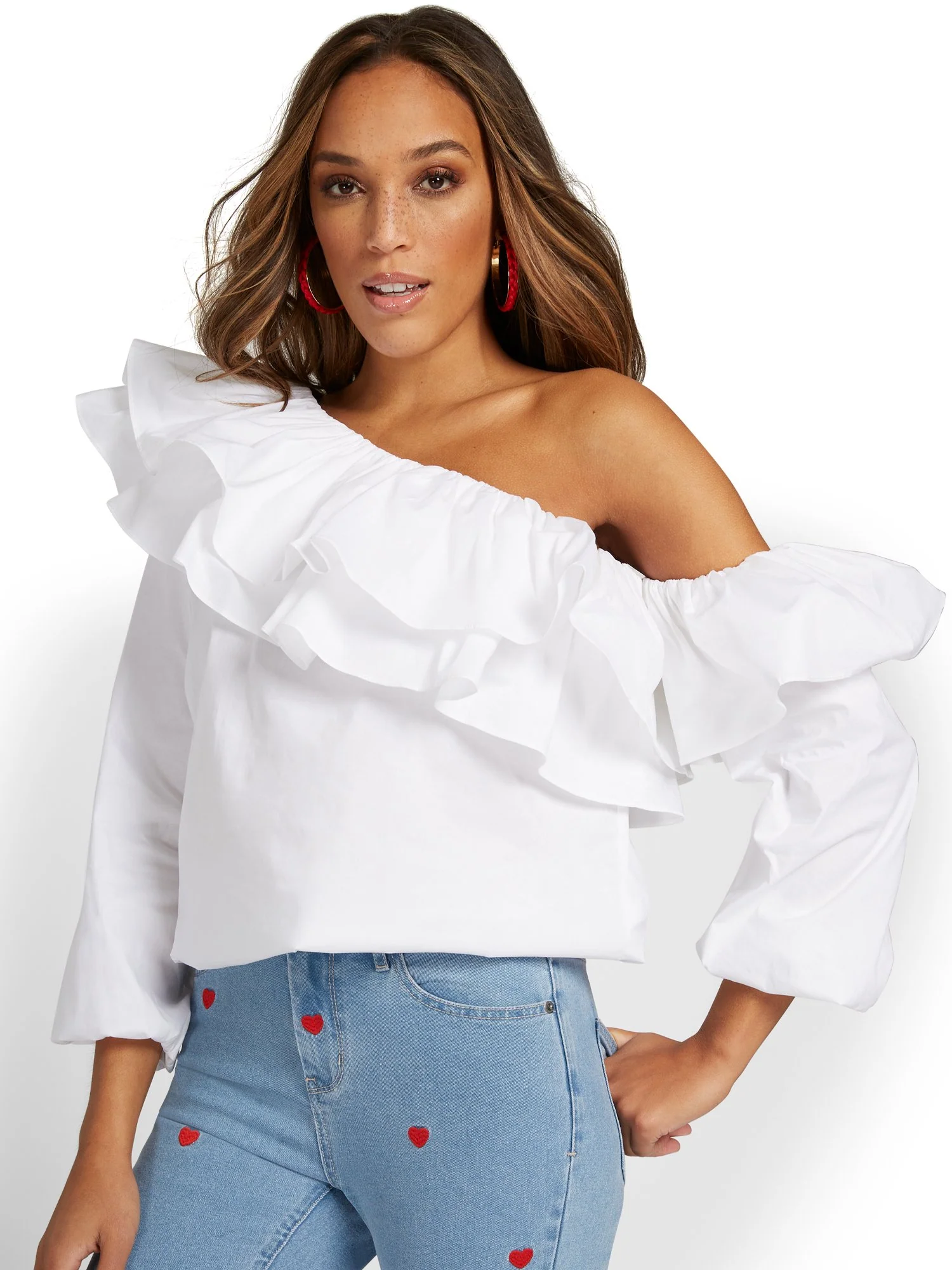 One-Shoulder Ruffle Poplin Shirt