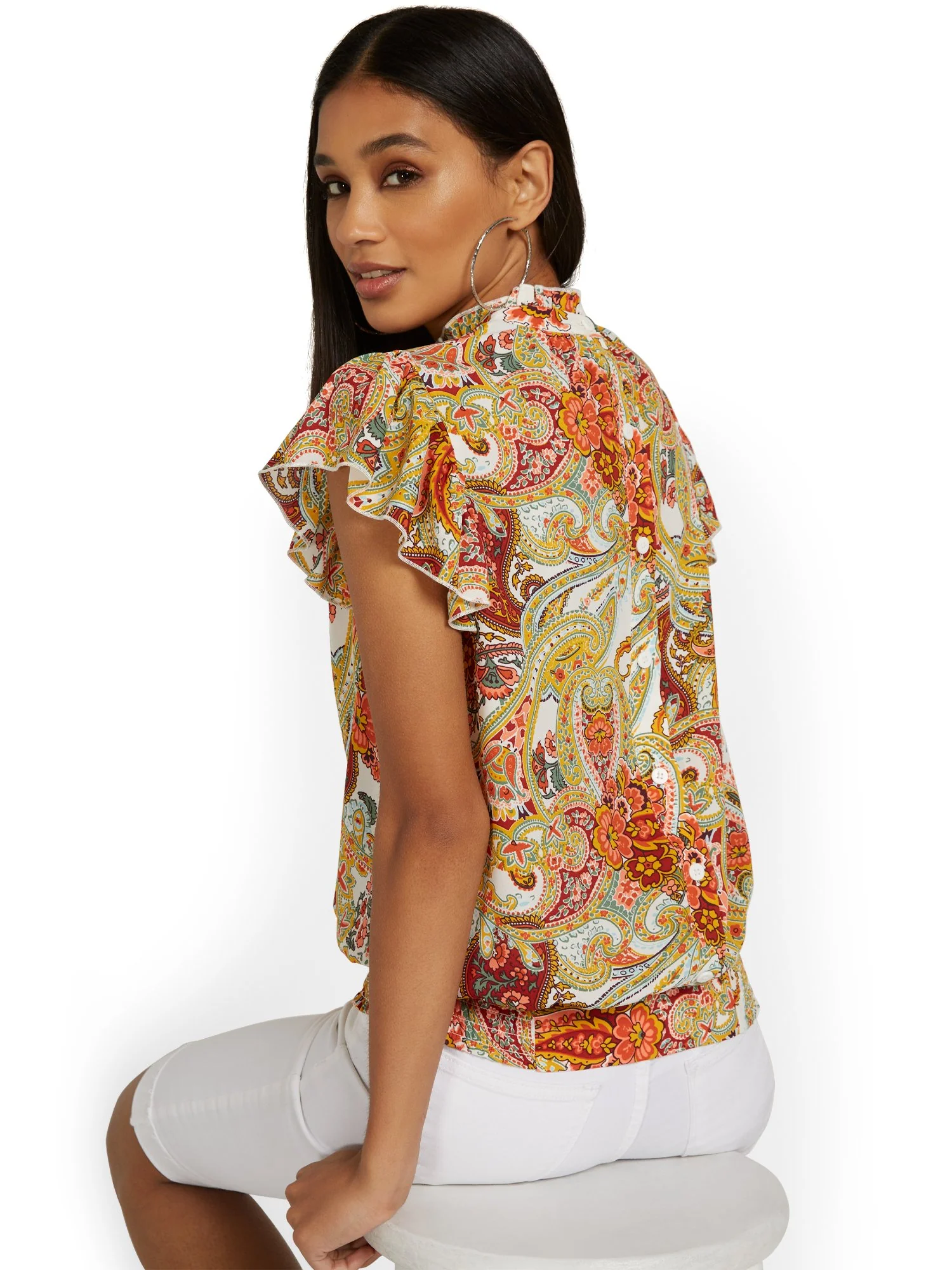 Paisley Flutter-Sleeve Button-Back Blouse - Image 4