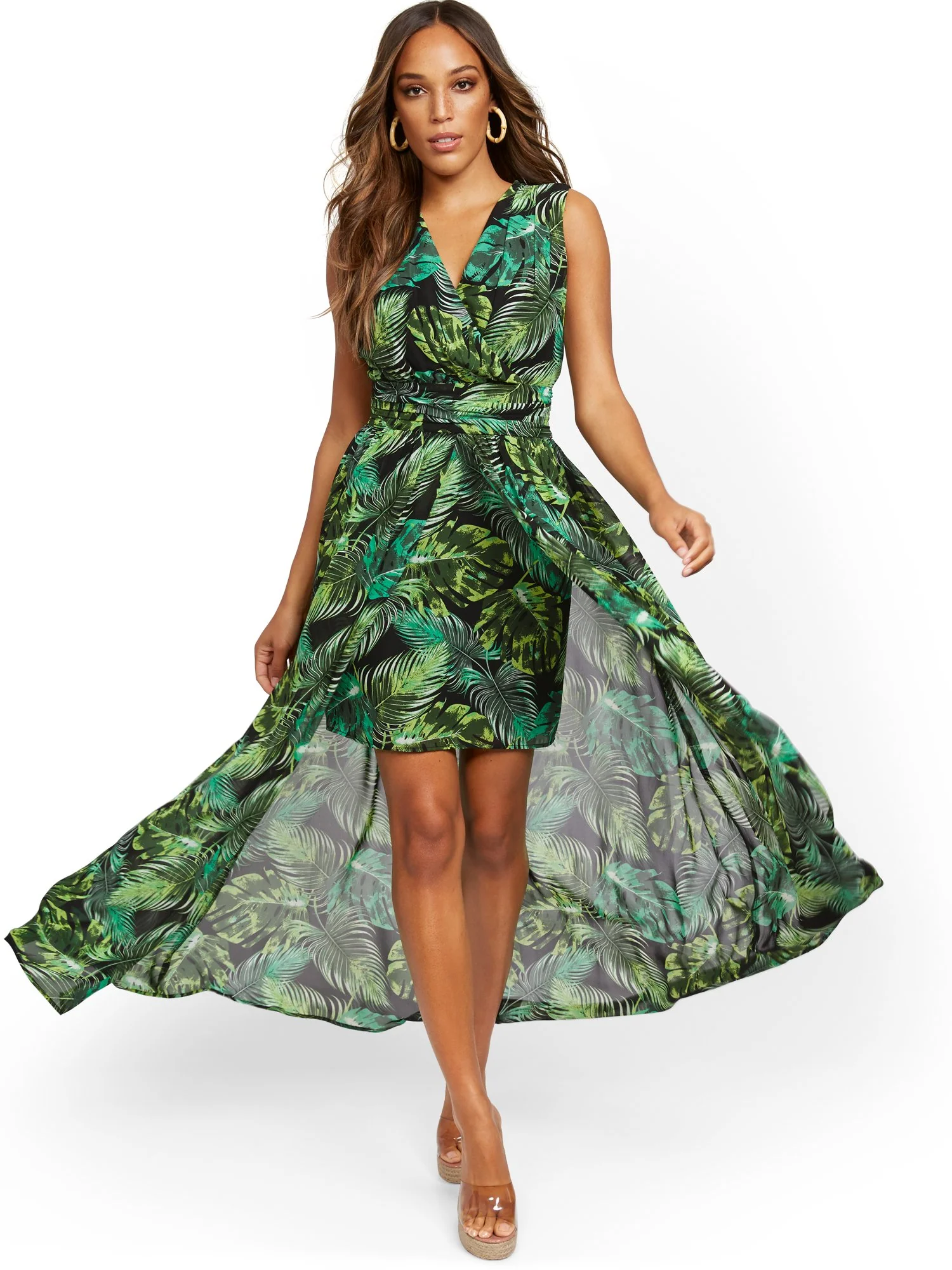 Palm-Print V-Neck Overlay Dress - Image 2