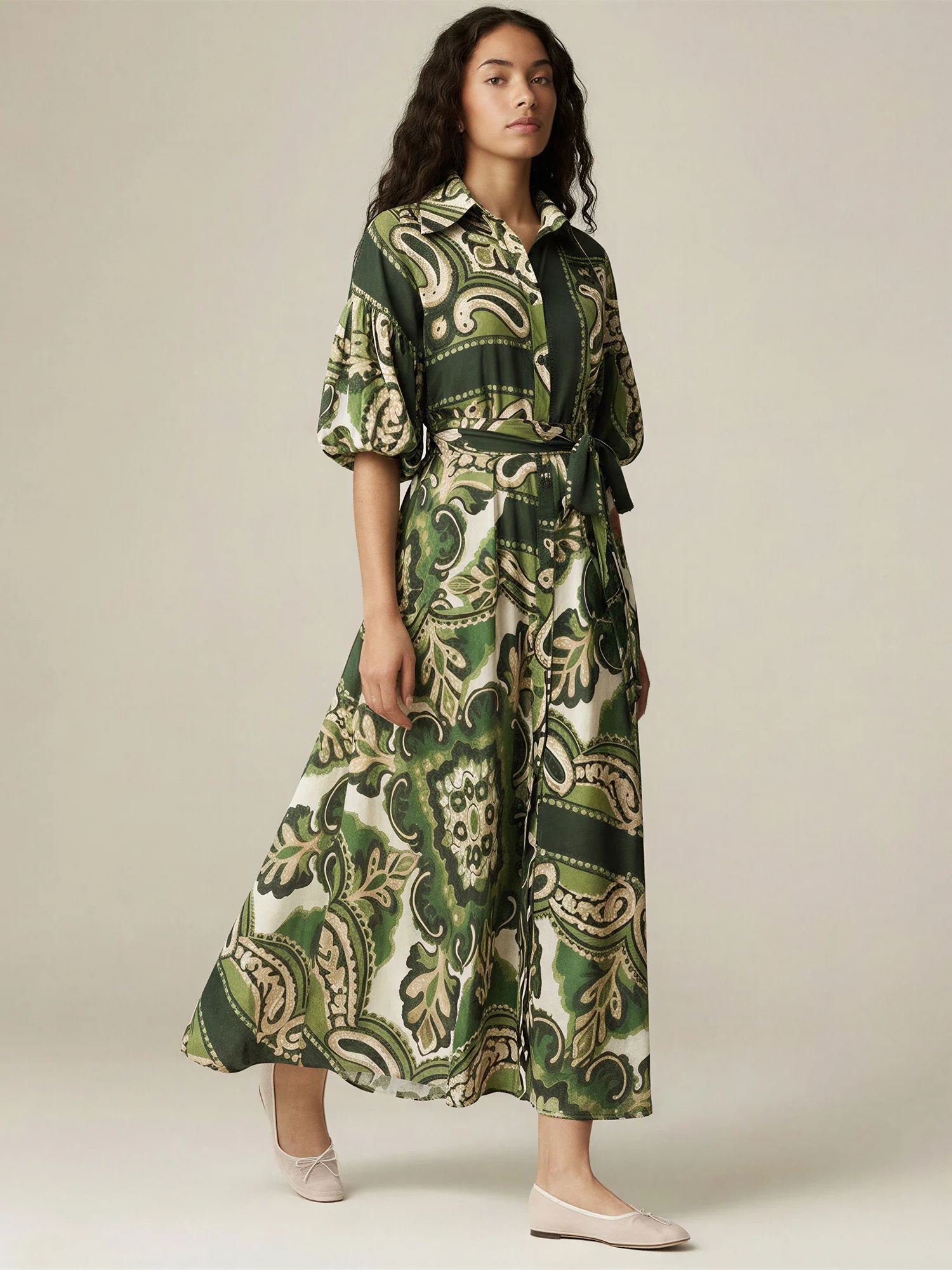 Pasley Print Blubble Sleeves Shirt Dress