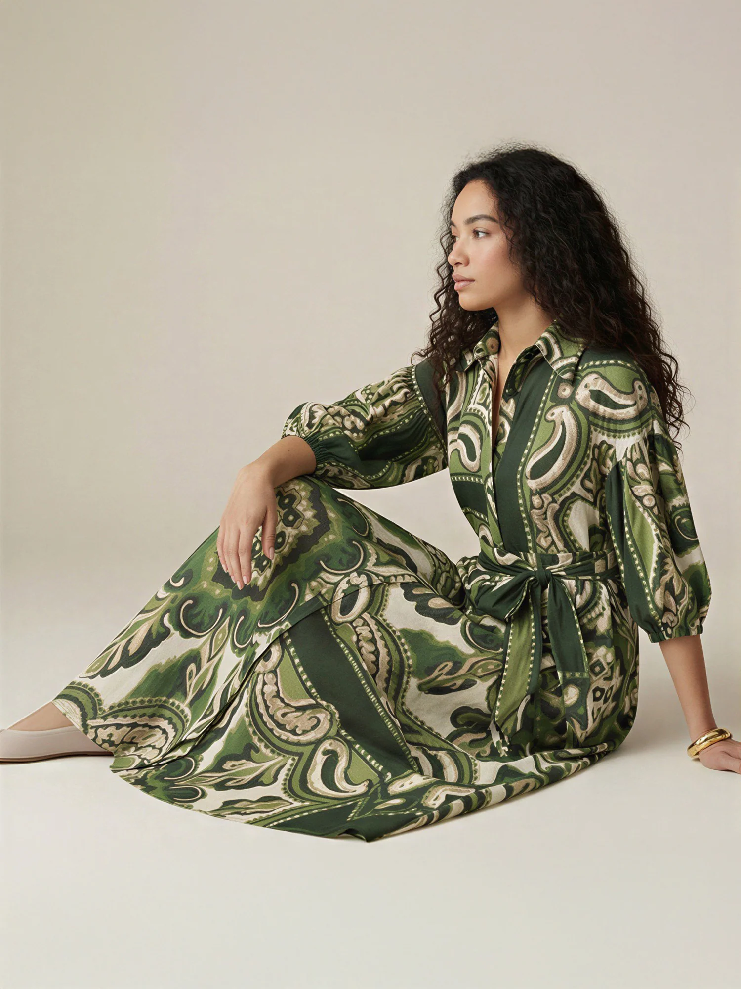 Pasley Print Blubble Sleeves Shirt Dress - Image 2