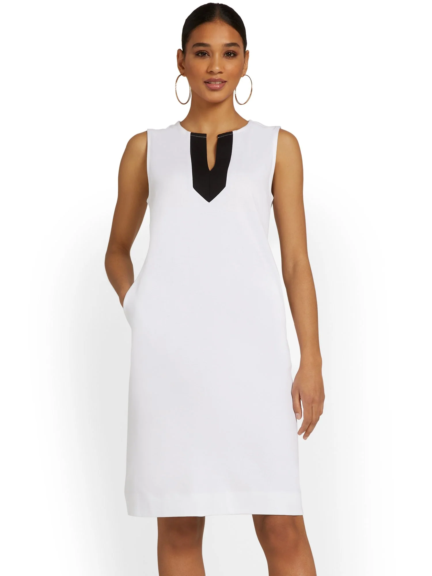 Petite Contrast Split-Neck Shift Dress - City Knits - Image 2