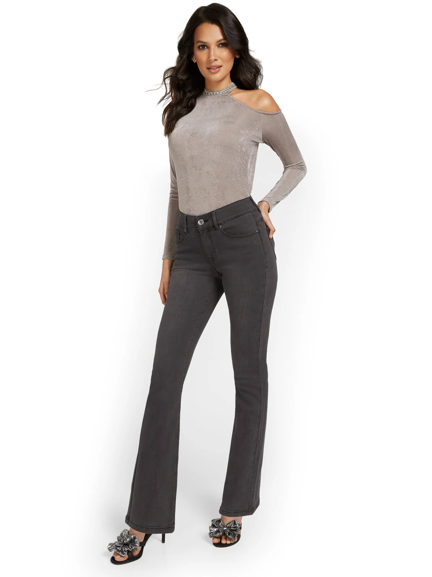 Petite Curvy High-Waisted Bootcut Jeans - Grey - Image 5