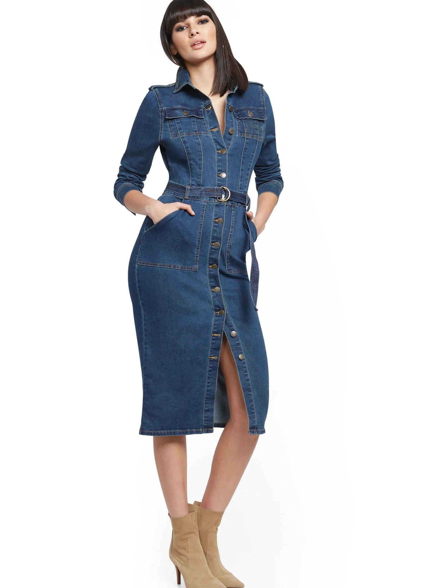 Petite Denim Utility Shirtdress - Dark Wash - Image 4