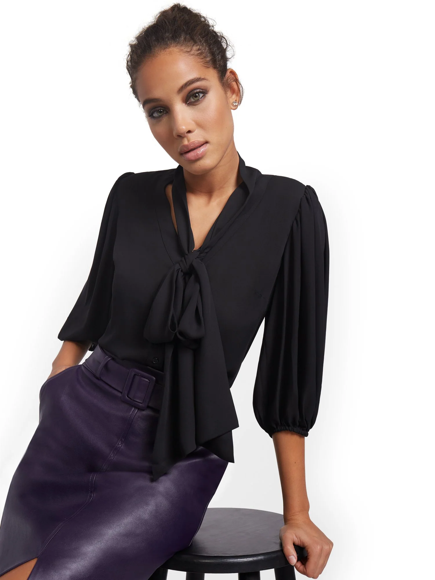 Petite Essential V-Neck Bow Blouse - Image 2