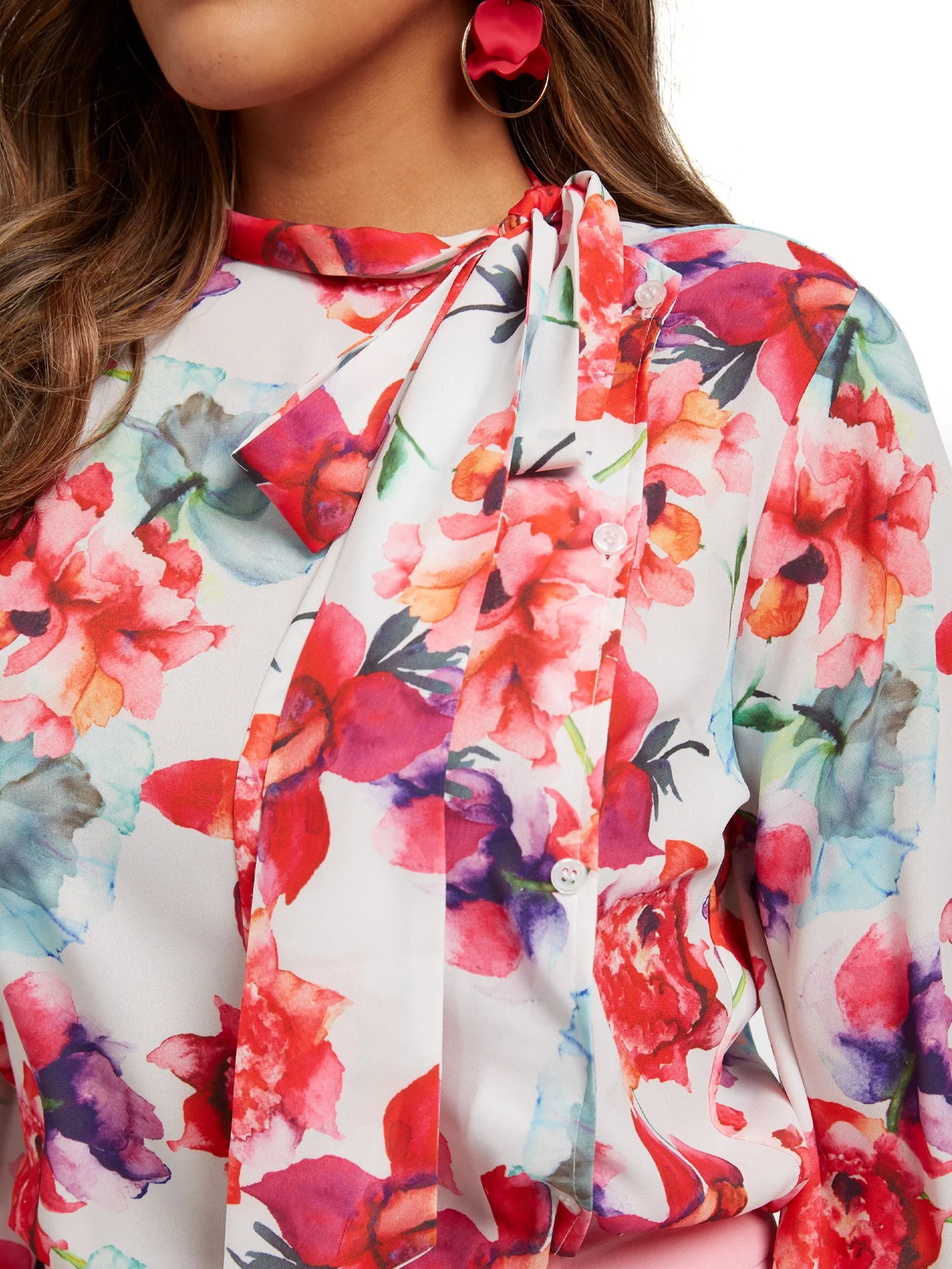 Petite Floral-Print Button-Front Bow-Neck Blouse - Image 4