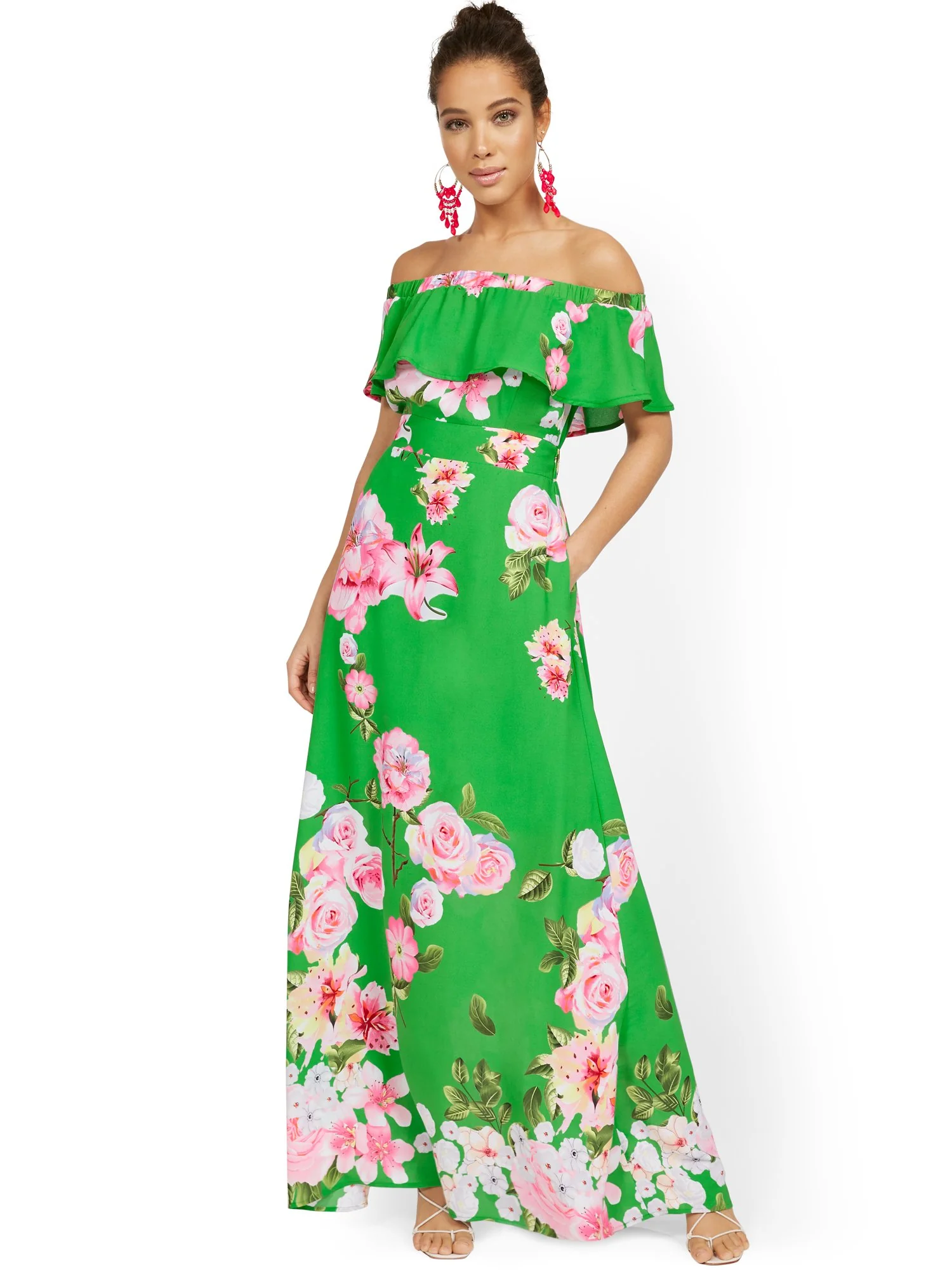 Petite Floral-Print Off-the-Shoulder Ruffle-Top Maxi Dress - Image 2