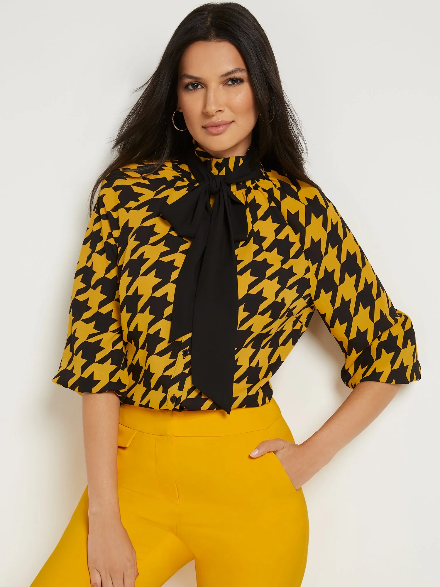 Petite Houndstooth 3/4-Sleeve Bow-Neck Blouse