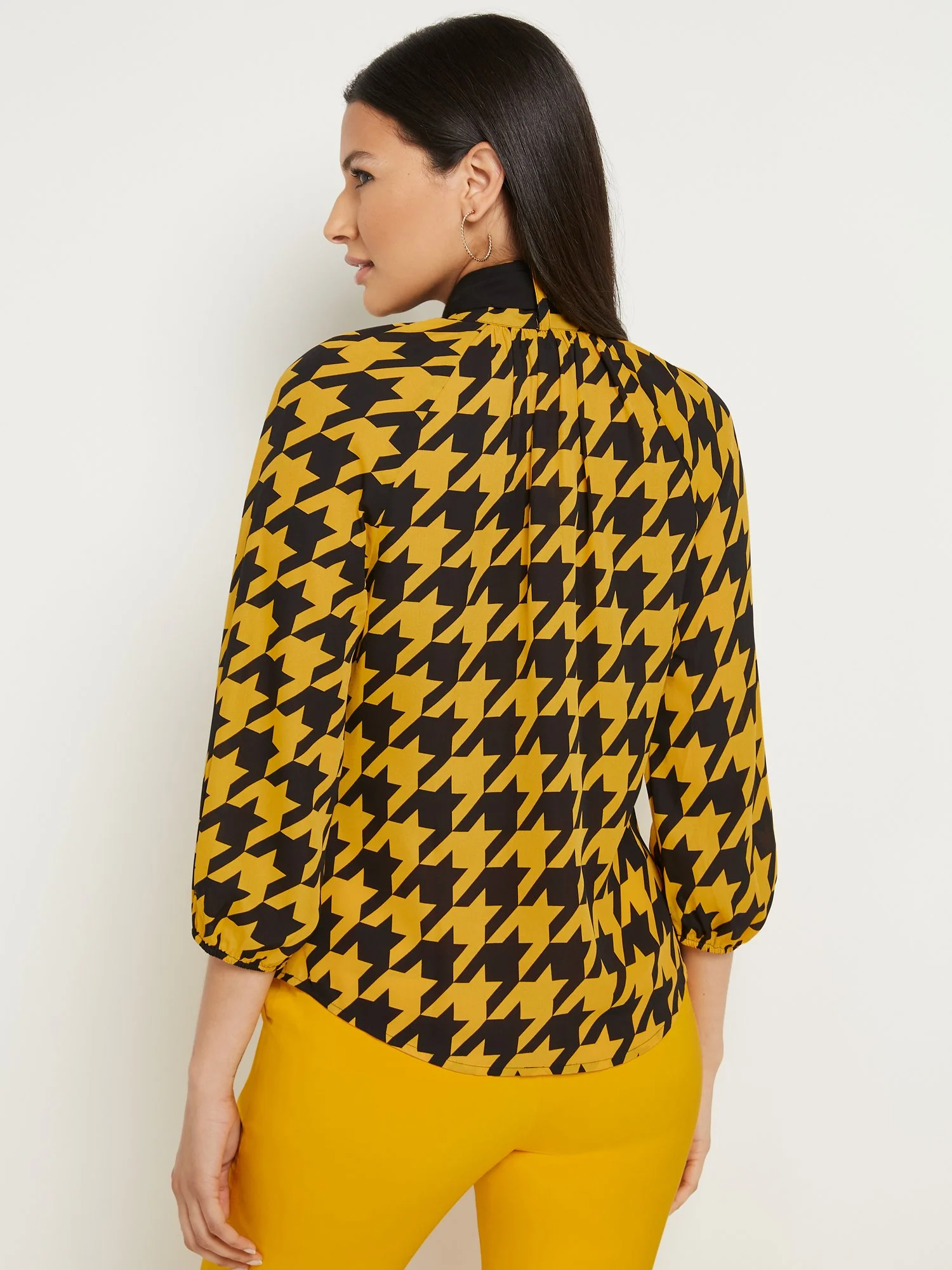 Petite Houndstooth 3/4-Sleeve Bow-Neck Blouse - Image 3