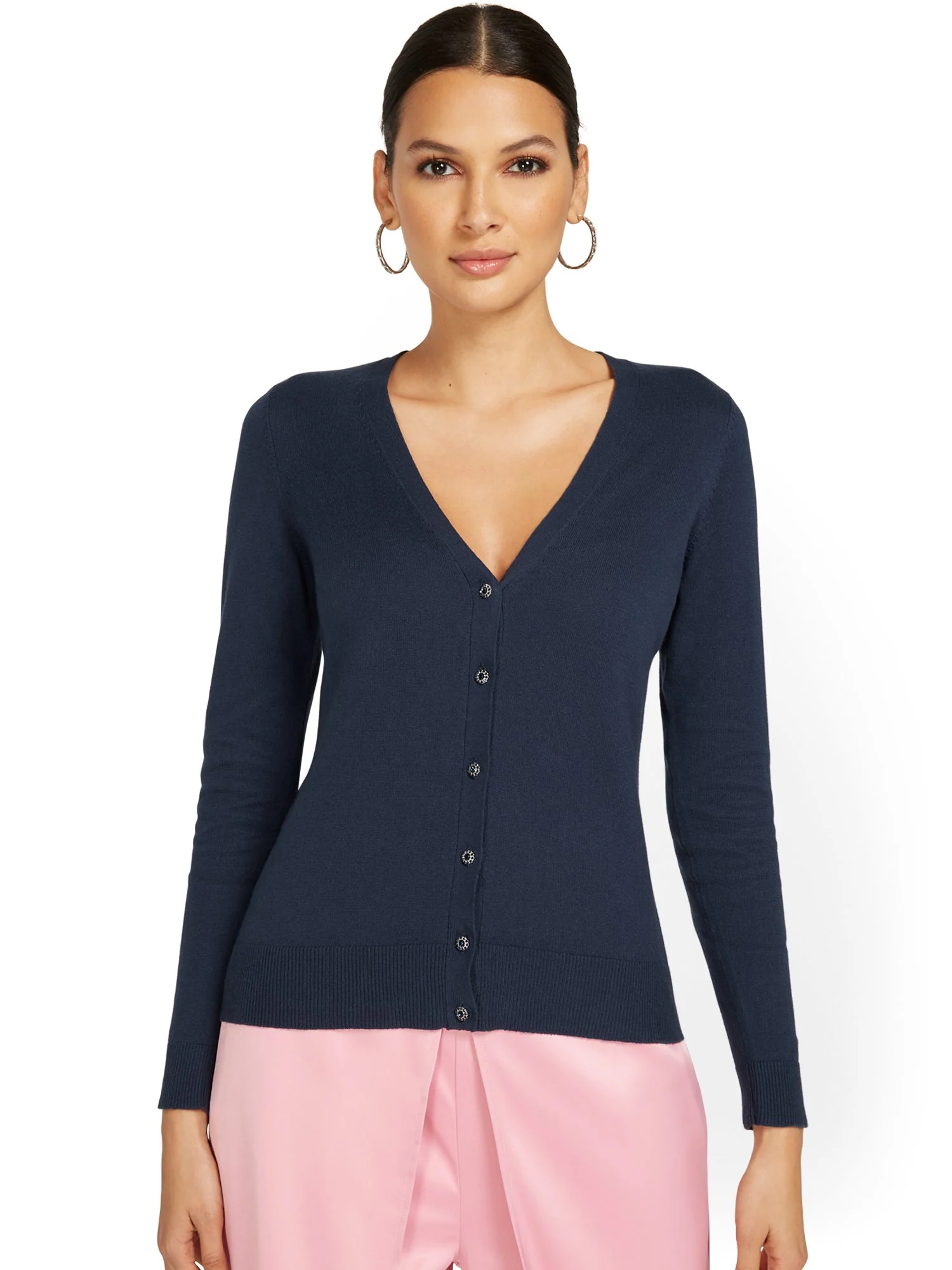 Petite Jeweled-Button Chelsea V-Neck Cardigan - Image 3