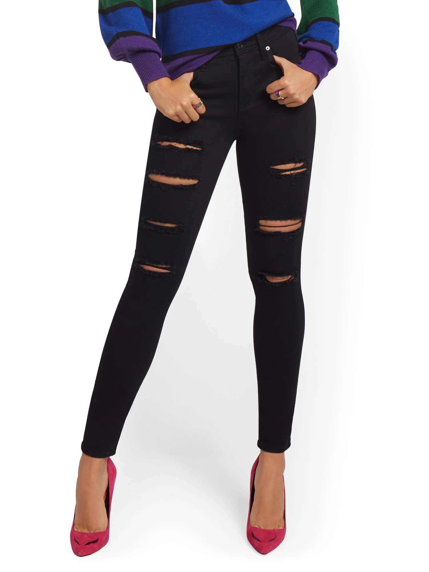 Petite Lexi High-Waisted Super-Skinny Destroyed Jeans - Black - Image 2
