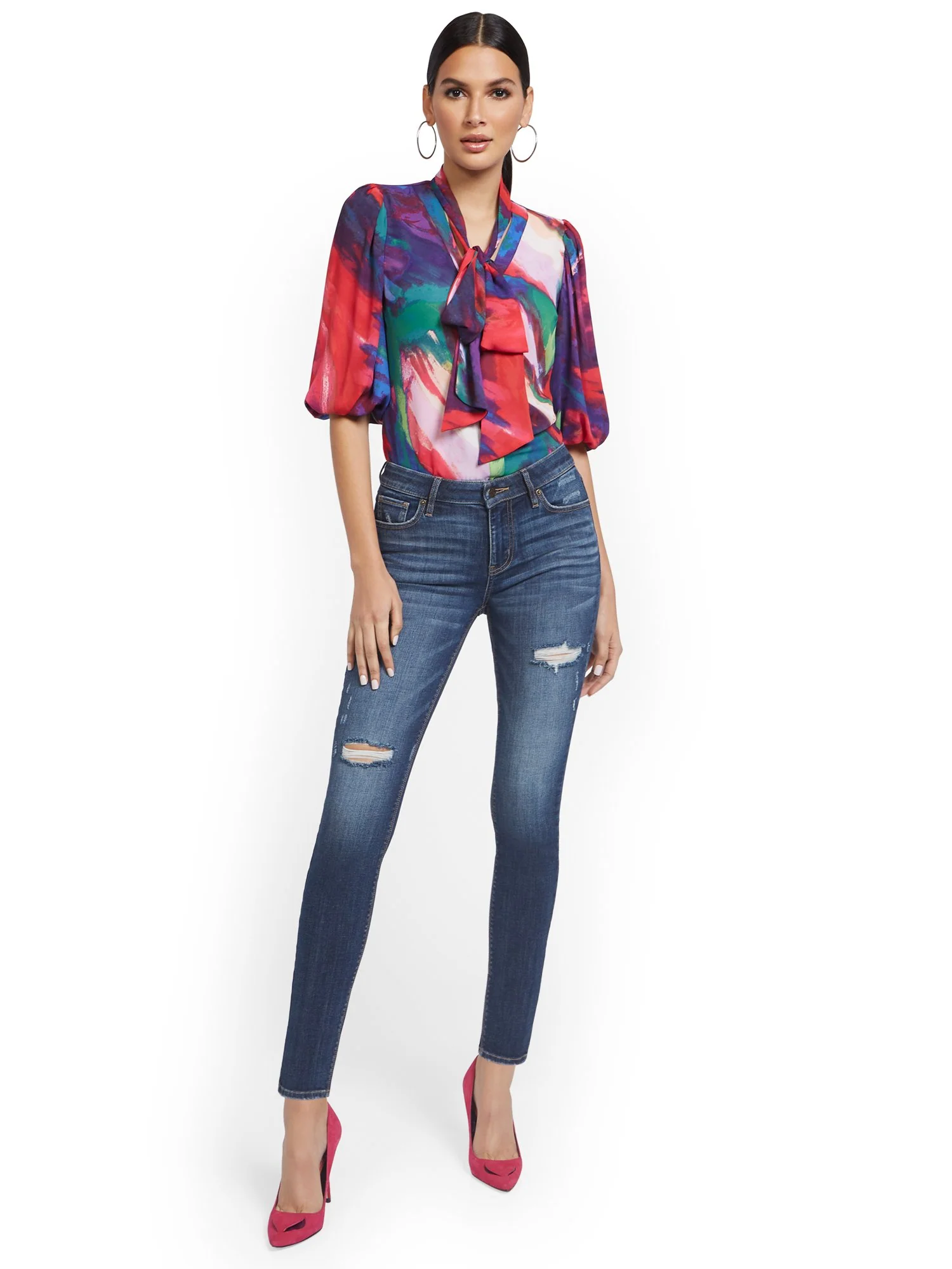 Petite Lexi Mid-Rise Destroyed Super-Skinny Jeans - Cowboy Blue - Image 3