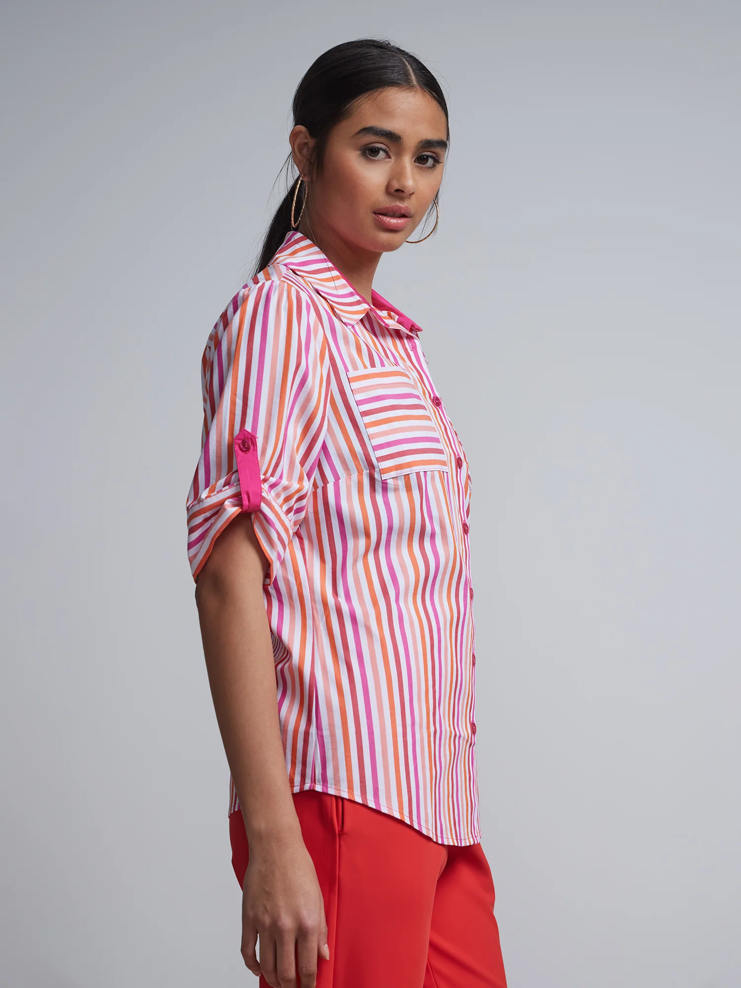 Petite Multi-Stripe Two-Pocket Short-Sleeve Button-Front - NY&C Madison Shirt® - Image 2