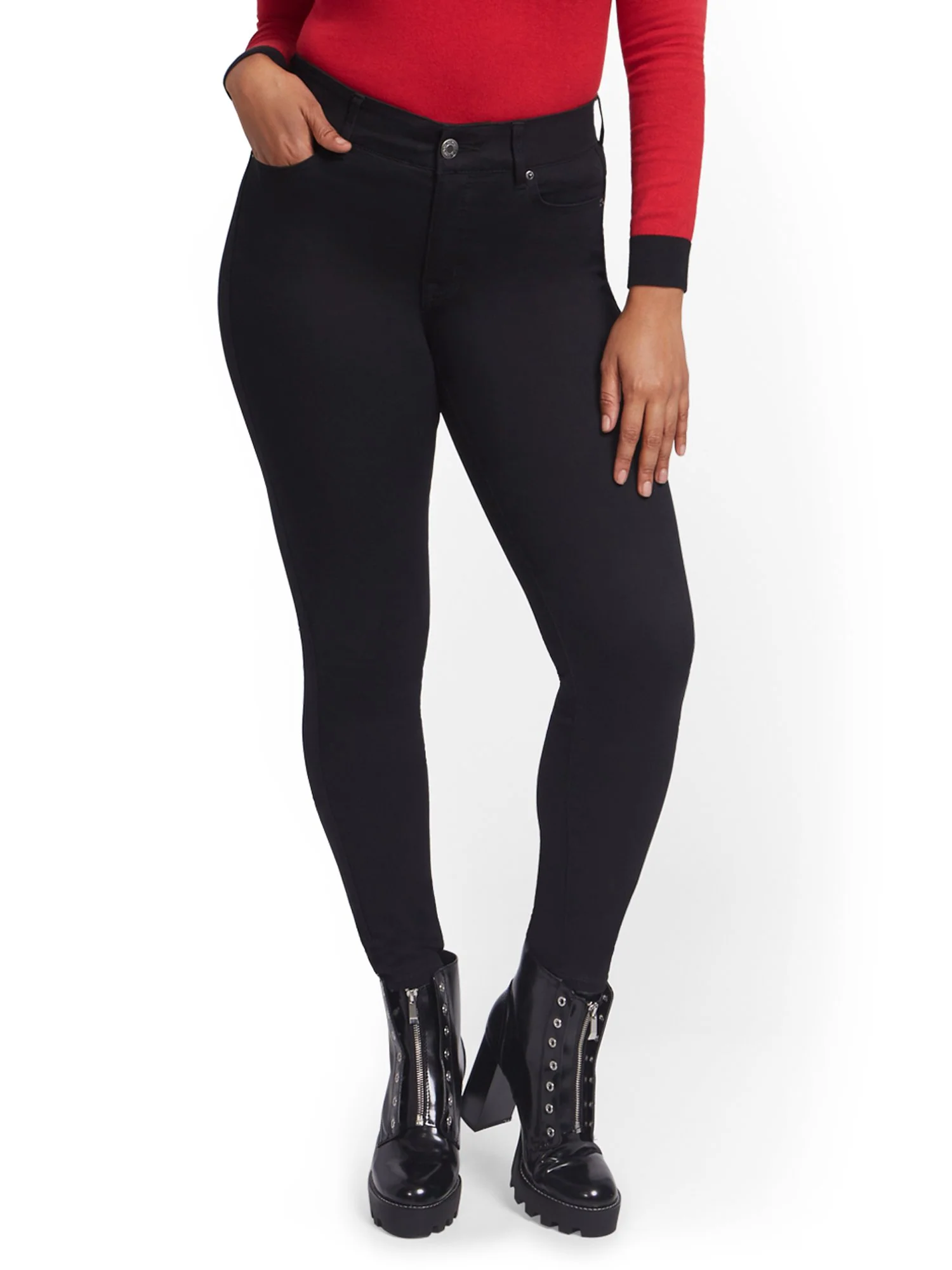 Petite Mya Curvy High-Waisted Sculpting No Gap Super-Skinny Jeans - Black