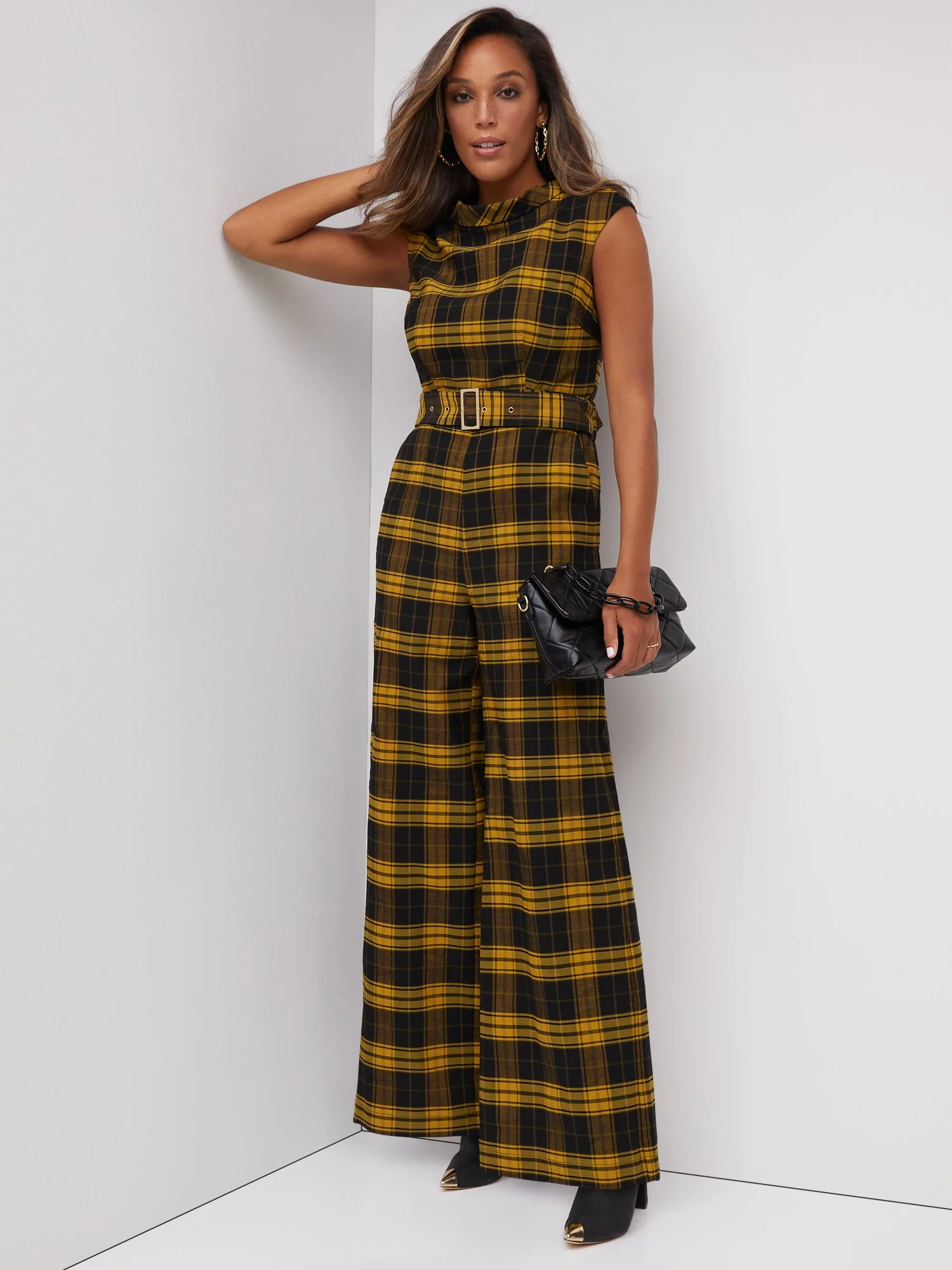 Petite Plaid Belted Wide-Leg Jumpsuit
