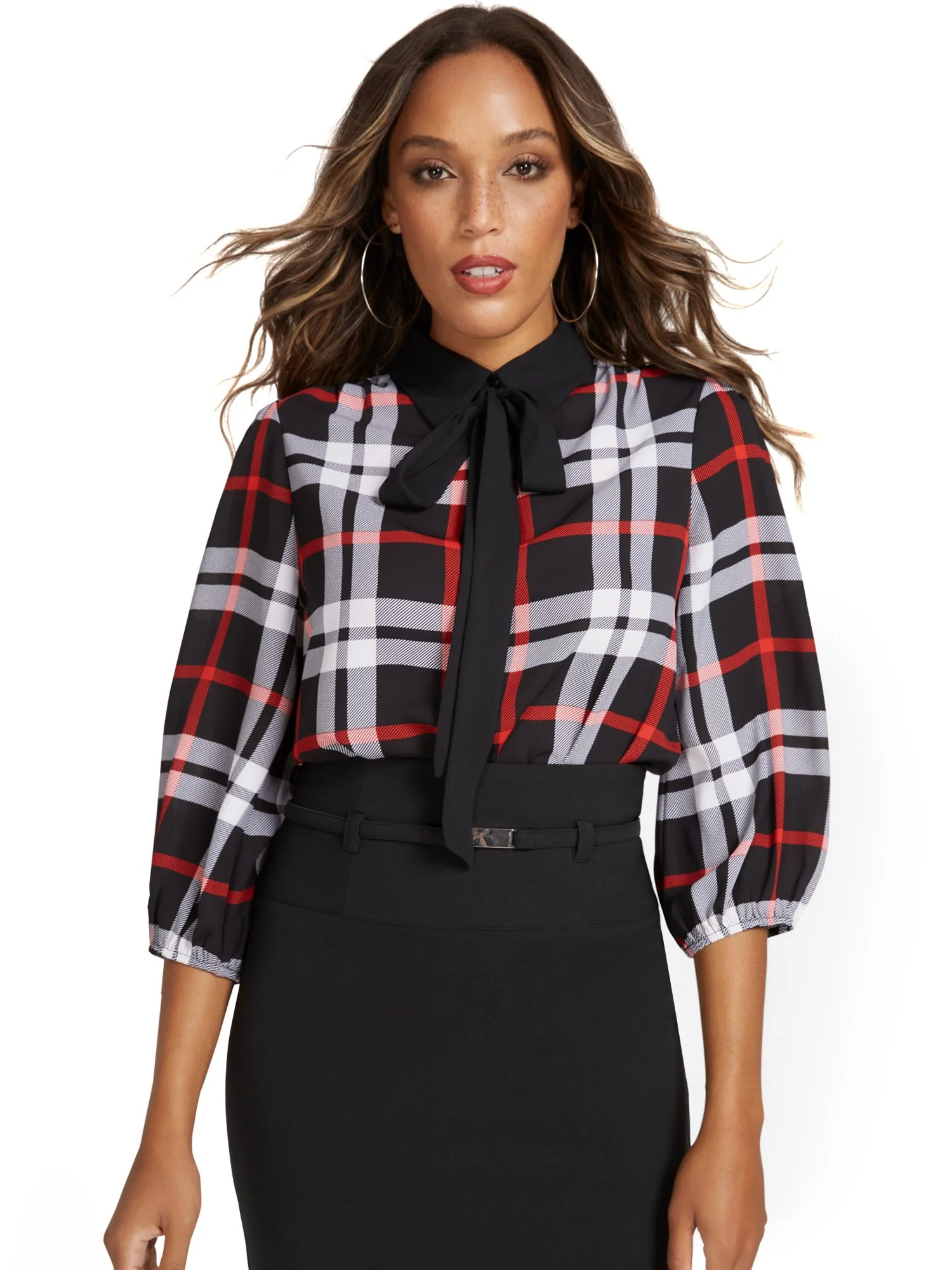 Petite Plaid Bow Blouse