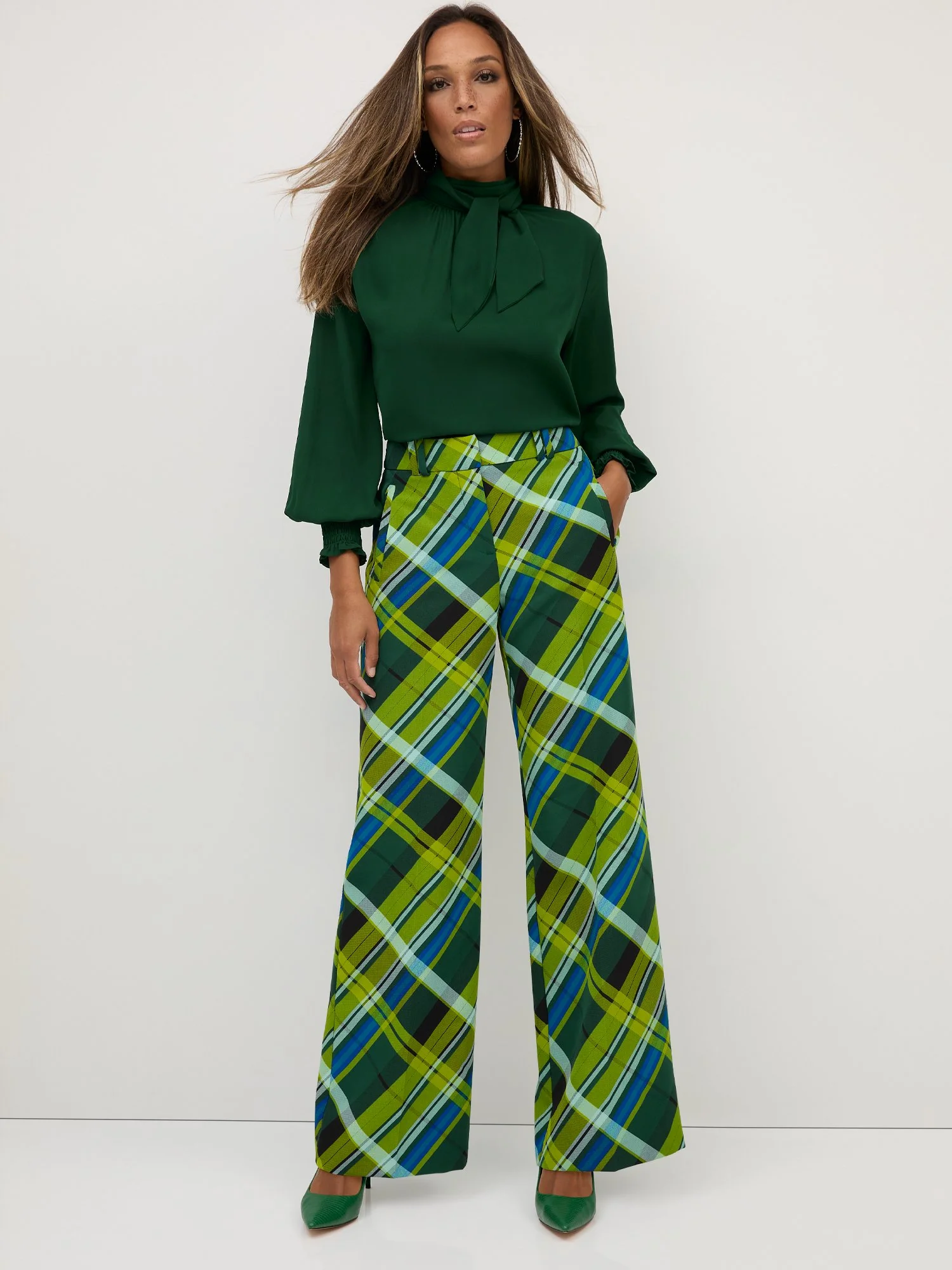 Petite Plaid High-Waisted Wide-Leg Pant