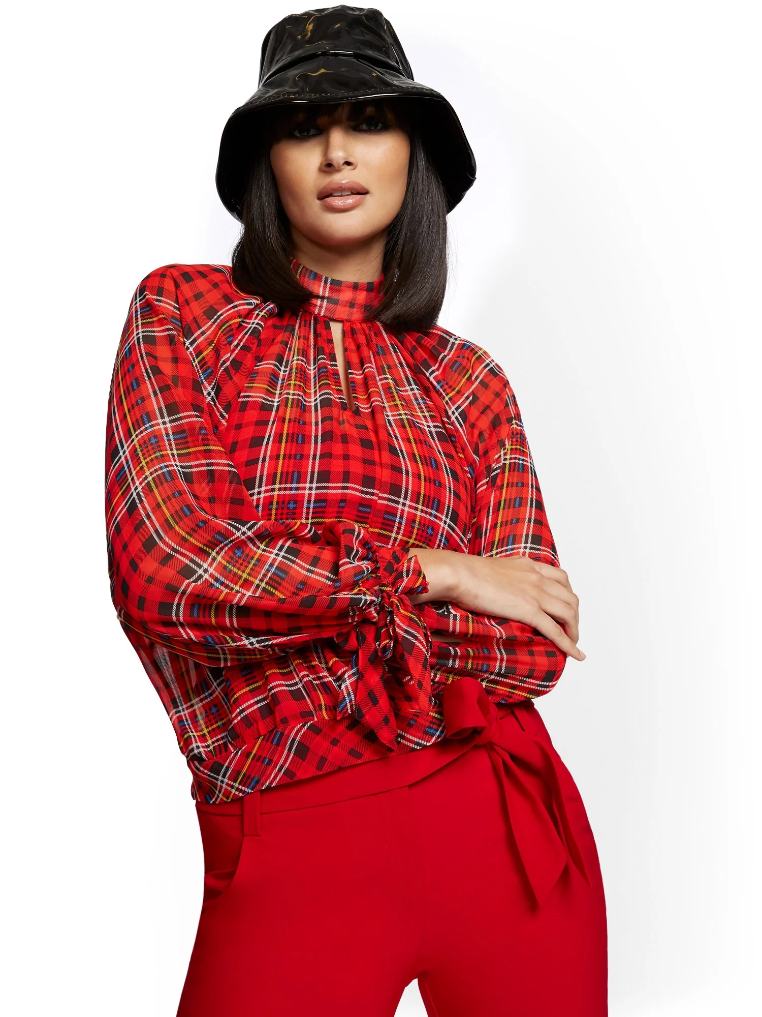 Petite Plaid Mock-Neck Tie-Sleeve Blouse - 7th Avenue - Image 6