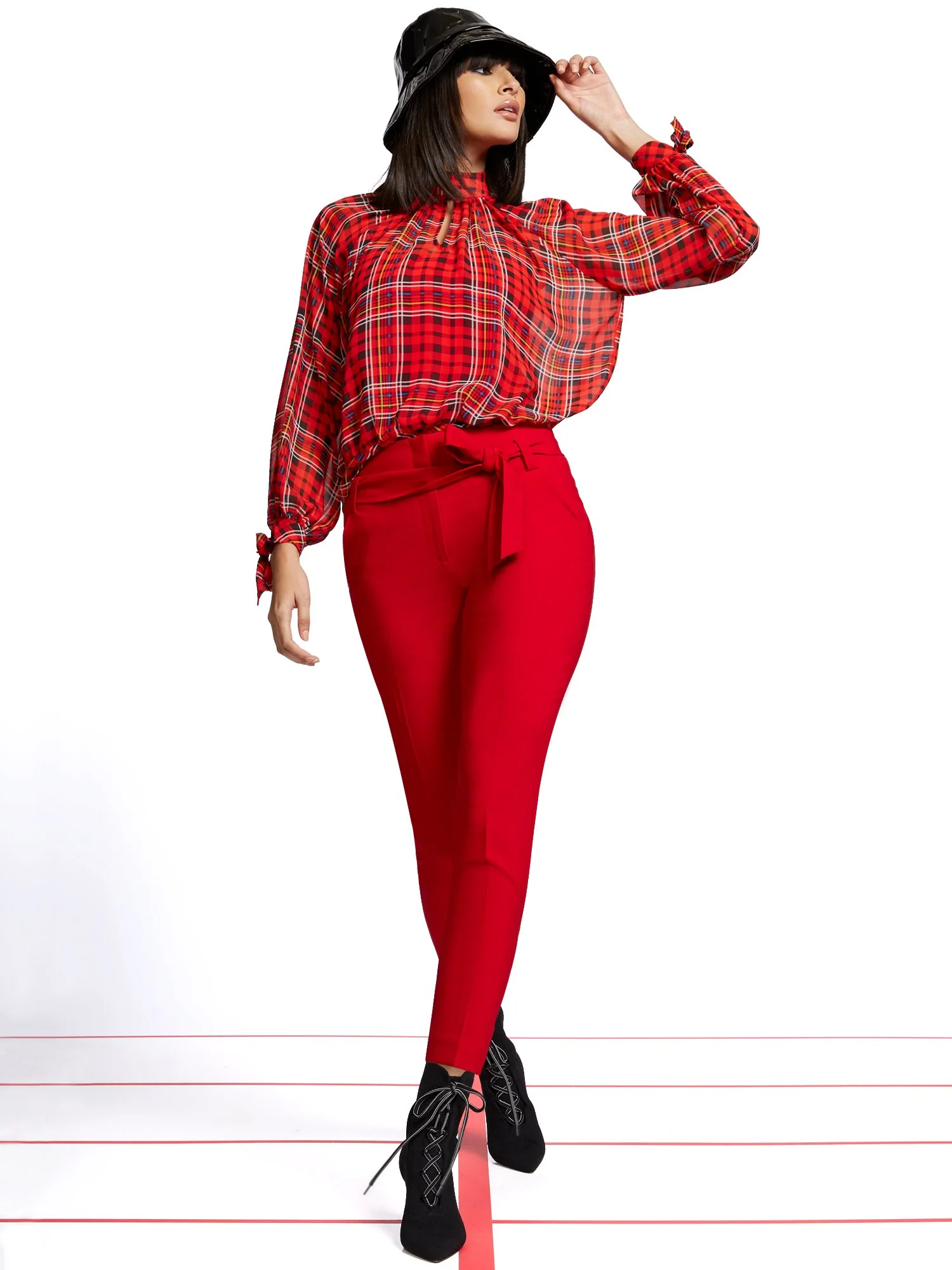 Petite Plaid Mock-Neck Tie-Sleeve Blouse - 7th Avenue - Image 7