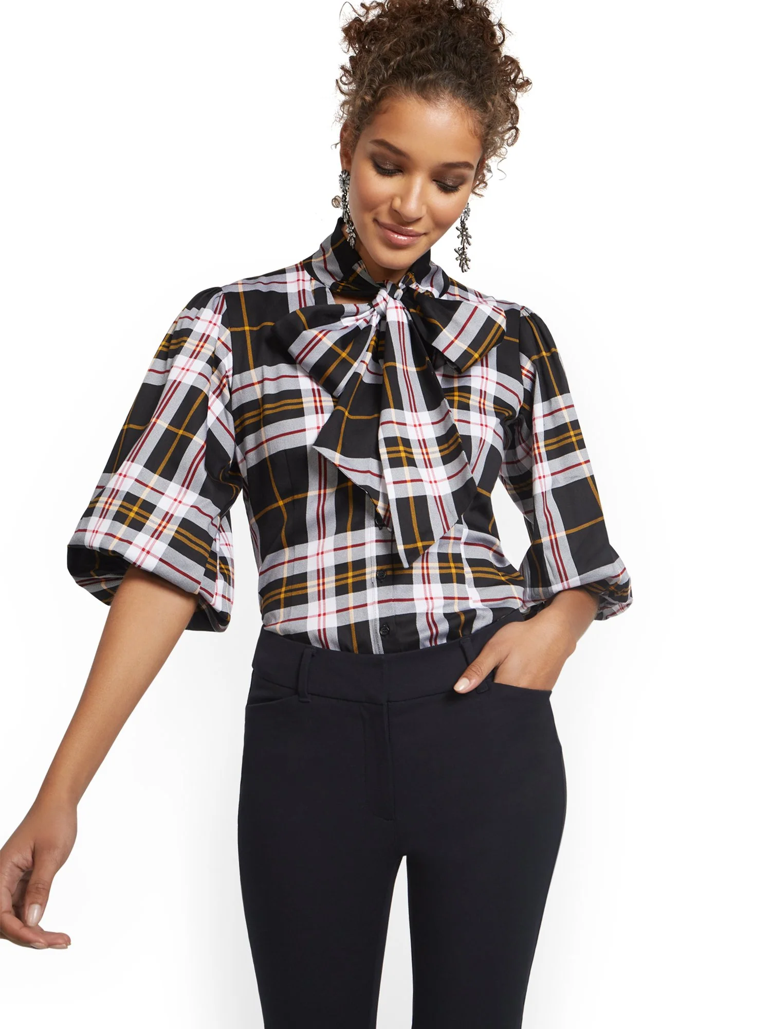Petite Plaid Tie-Front Poplin Shirt