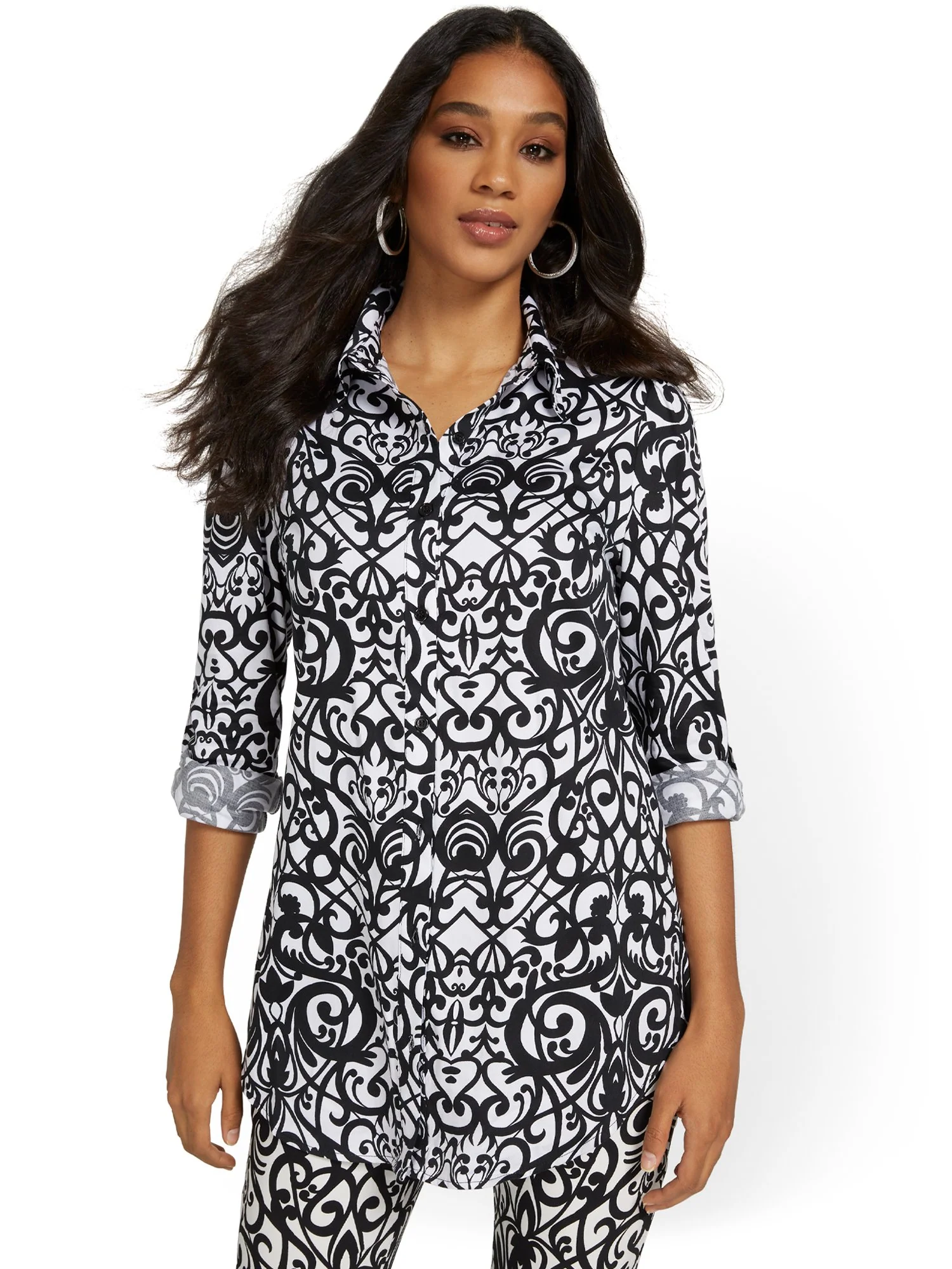 Petite Puff-Sleeve Madison Tunic Shirt - Jacquard