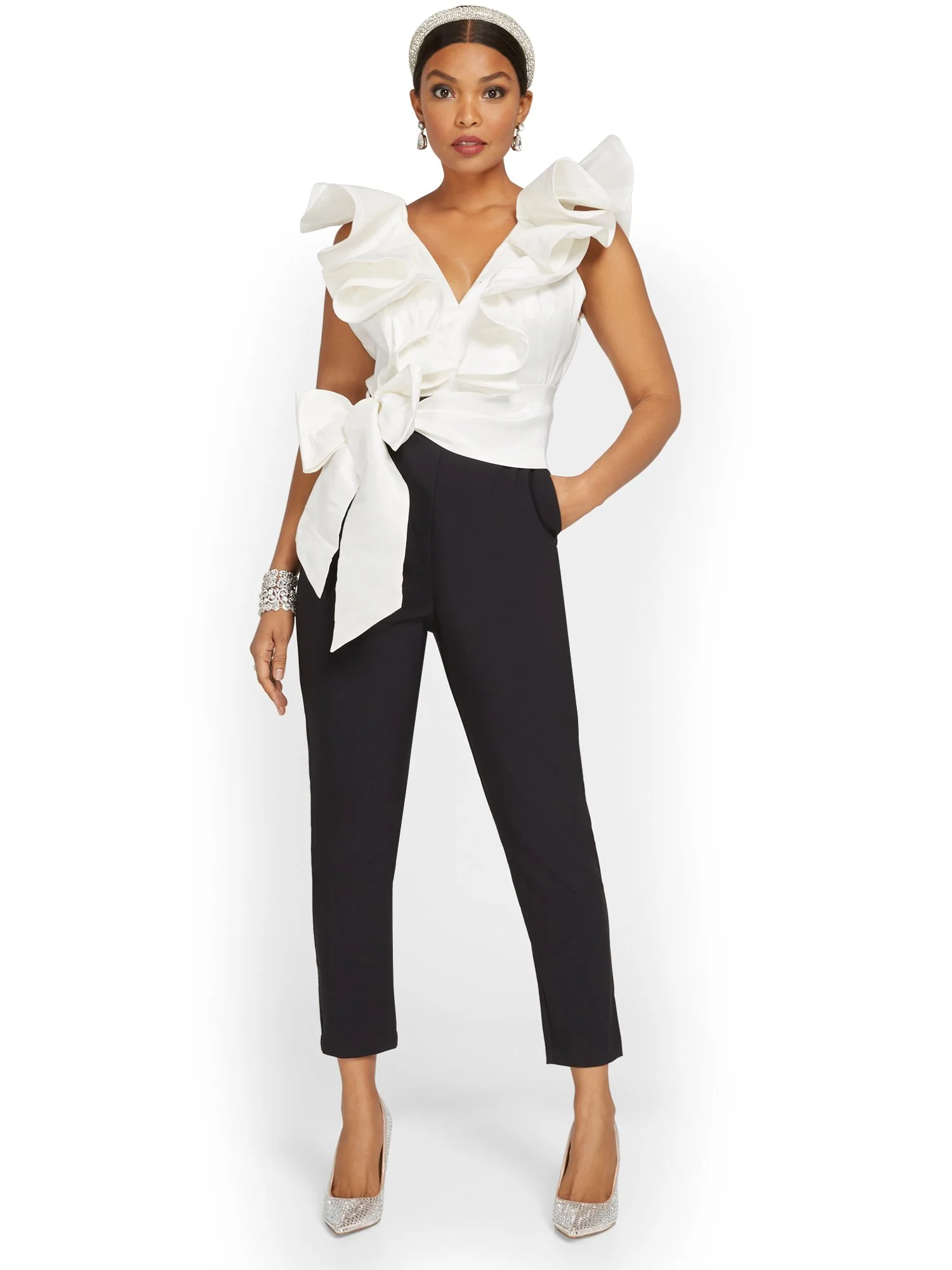 Petite Ruffle-Detail Two-Tone Jumpsuit - Image 2