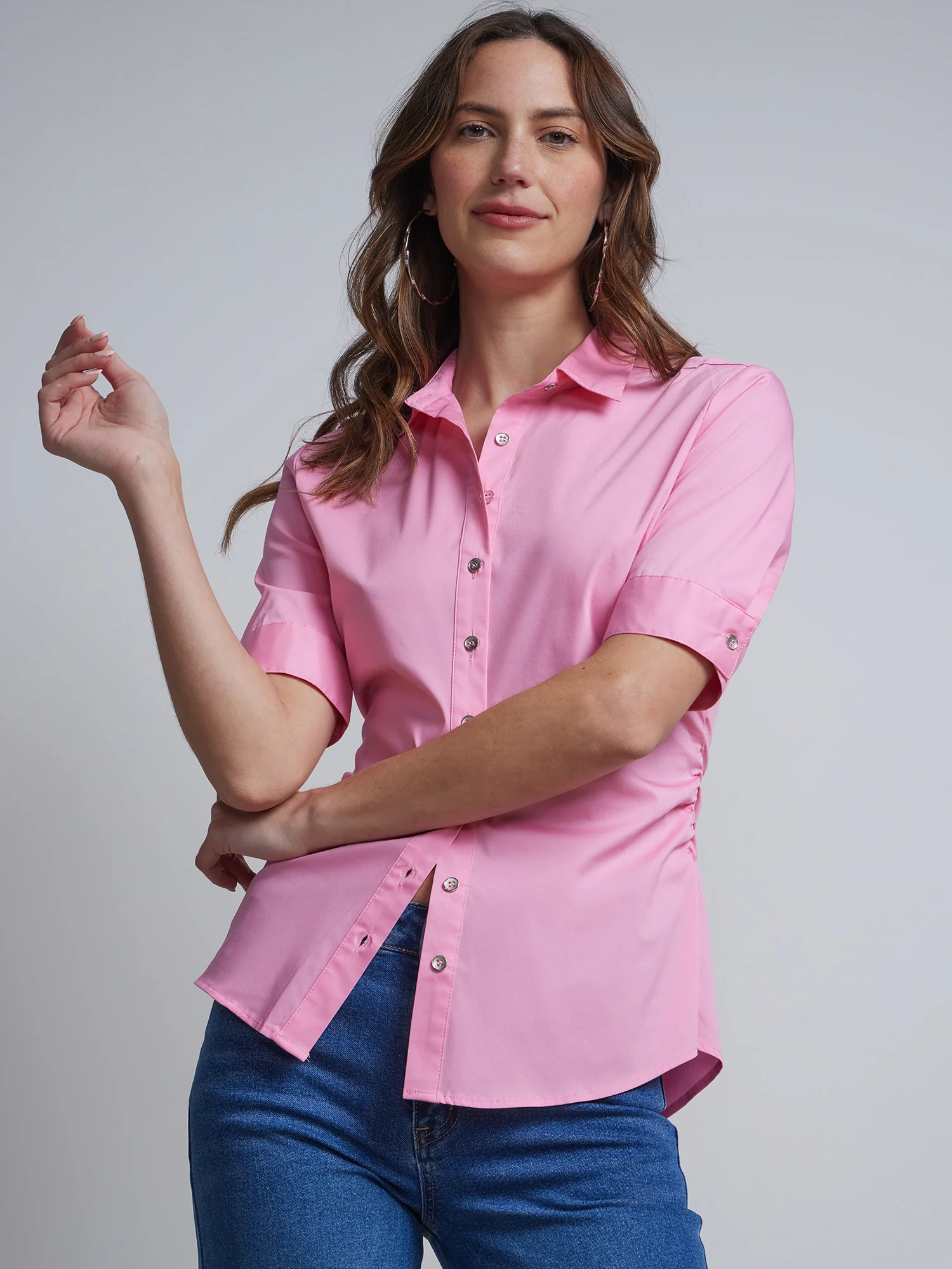 Petite Short-Sleeve Metal Button-Front Secret Snap - NY&C Madison Shirt® - Image 13