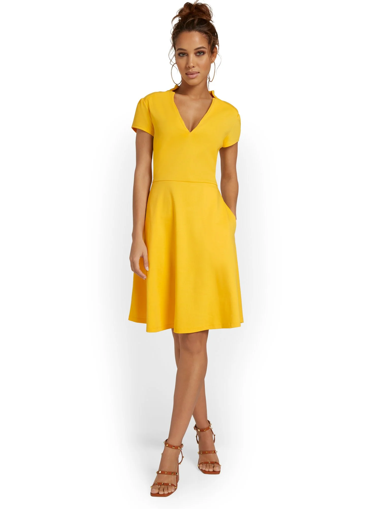Petite Split-Neck Puff-Sleeve Flare Dress - City Knits - Image 18