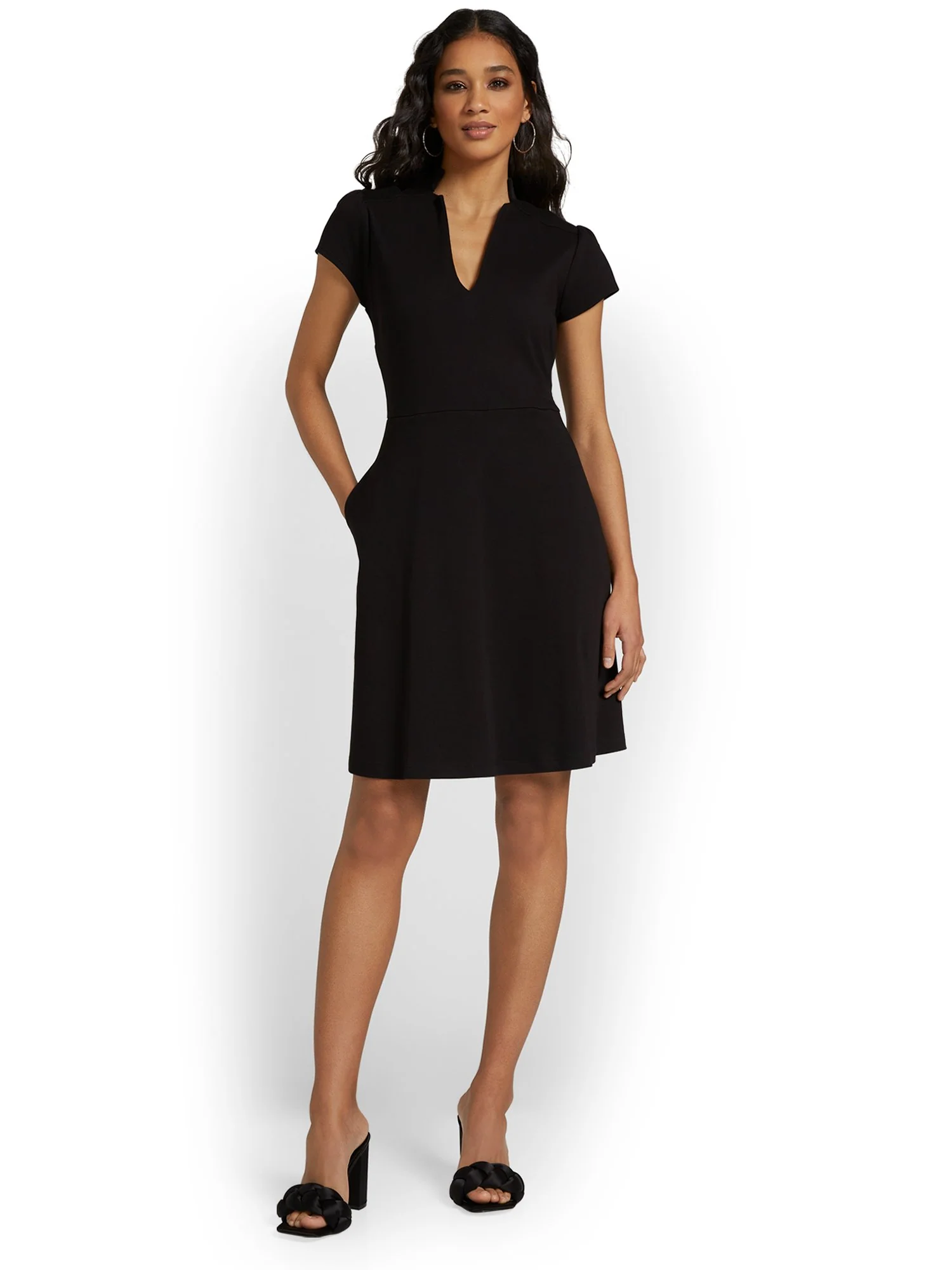 Petite Split-Neck Puff-Sleeve Flare Dress - City Knits - Image 3