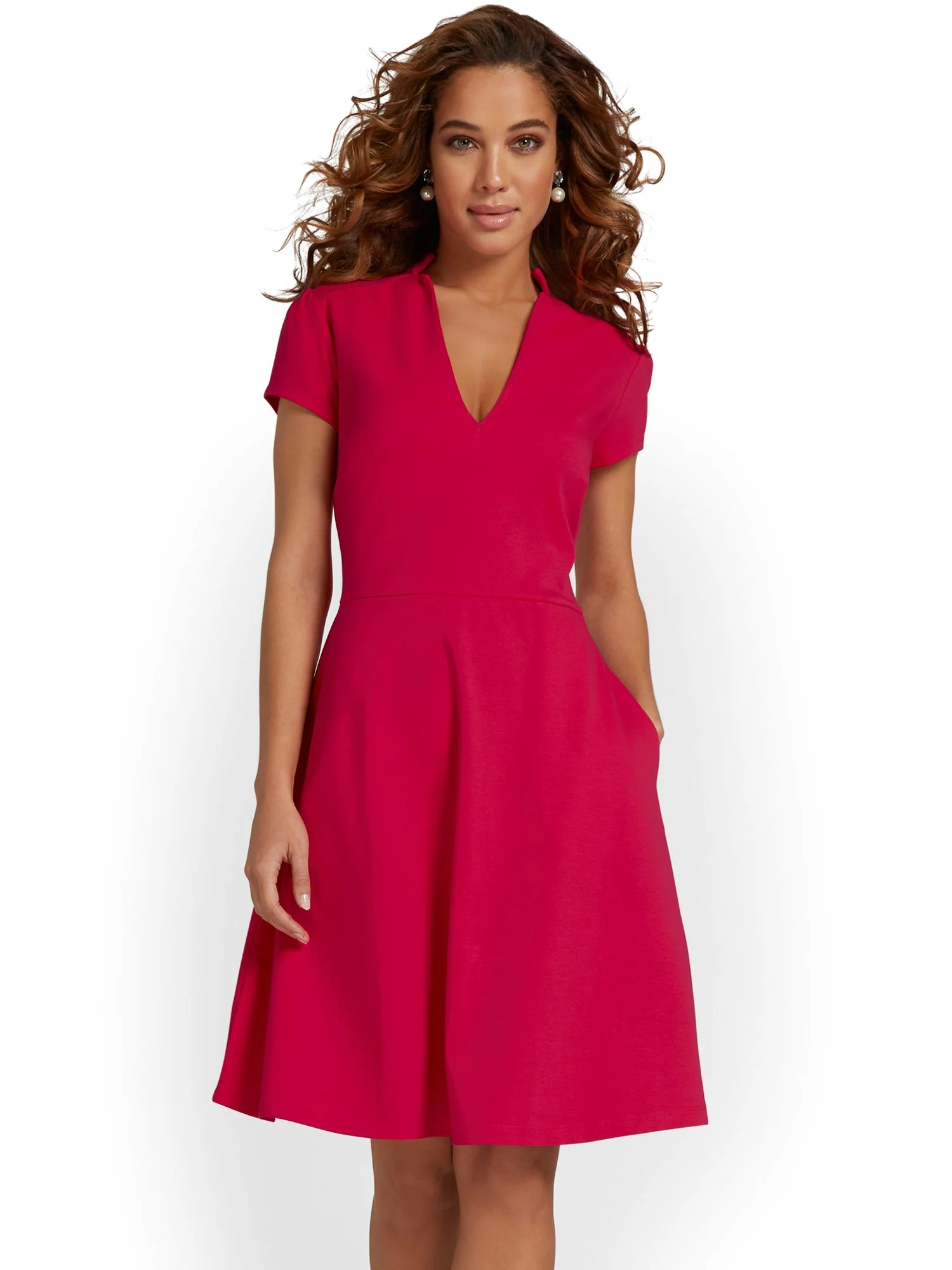 Petite Split-Neck Puff-Sleeve Flare Dress - City Knits - Image 6