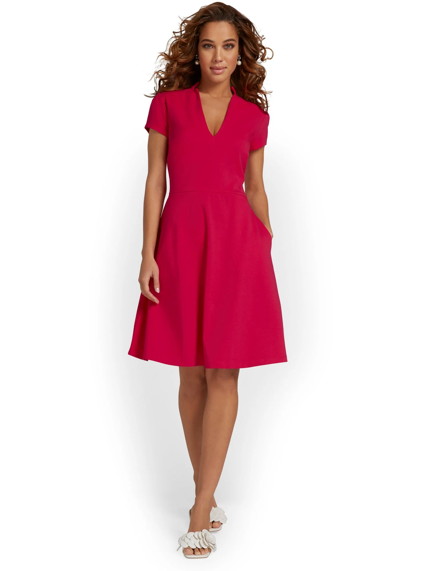 Petite Split-Neck Puff-Sleeve Flare Dress - City Knits - Image 7