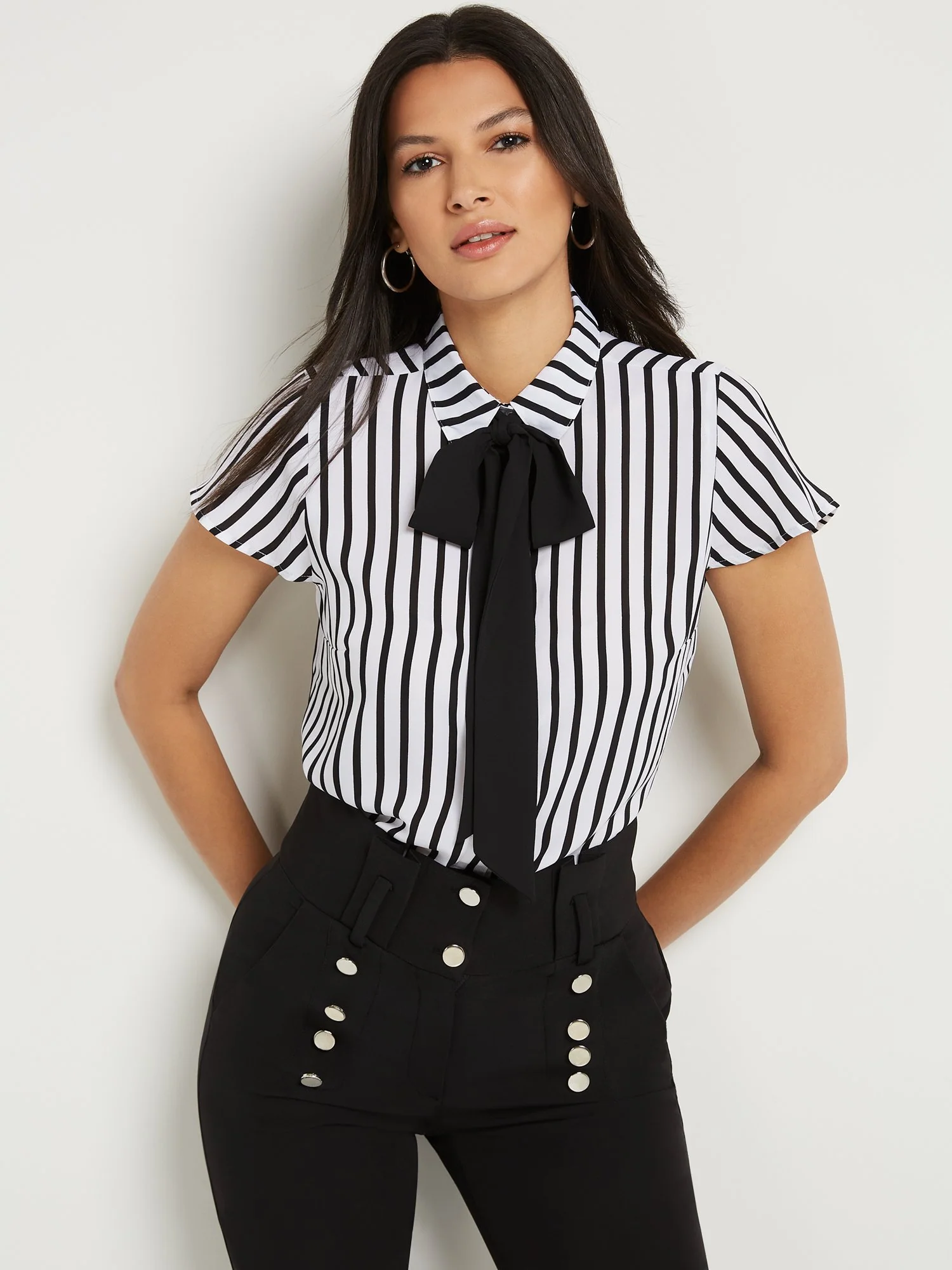 Petite Striped Button-Front Bow-Neck Blouse - Image 2
