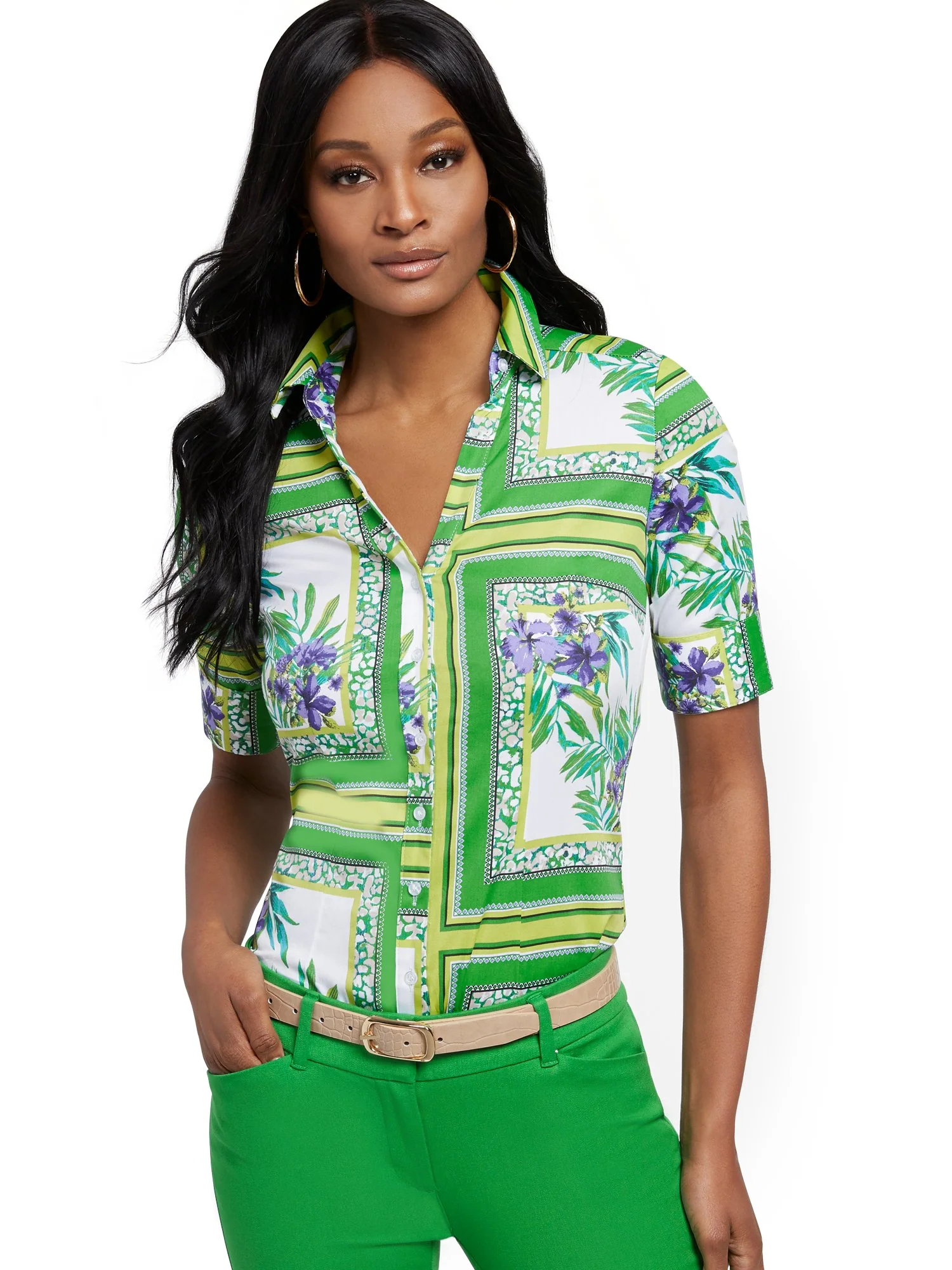 Petite Tropical-Print Madison Shirt - Secret Snap - 7th Avenue