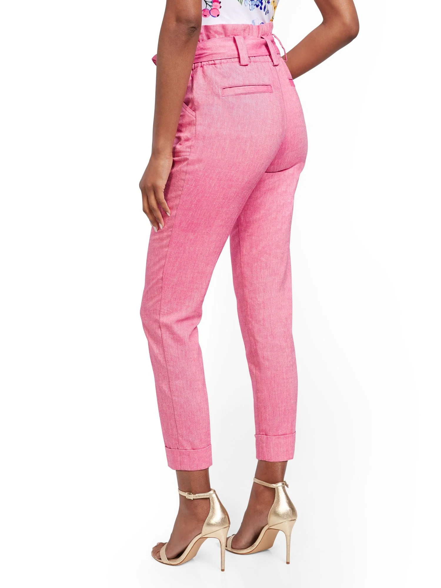 Pink Linen-Blend Paperbag-Waist Slim Ankle Pant - Image 3