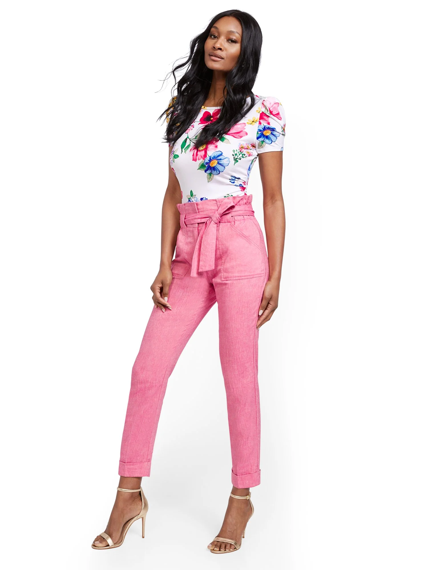 Pink Linen-Blend Paperbag-Waist Slim Ankle Pant - Image 4