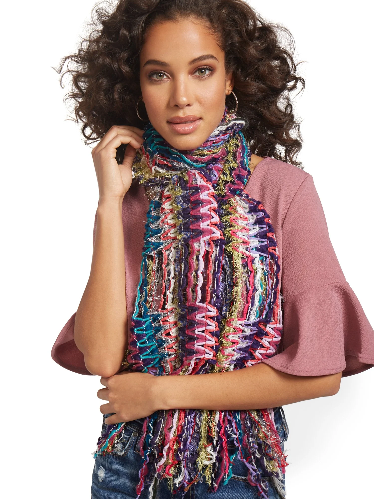 Pink Multi Yarn Fringe Scarf - Sweet Pea - Image 3