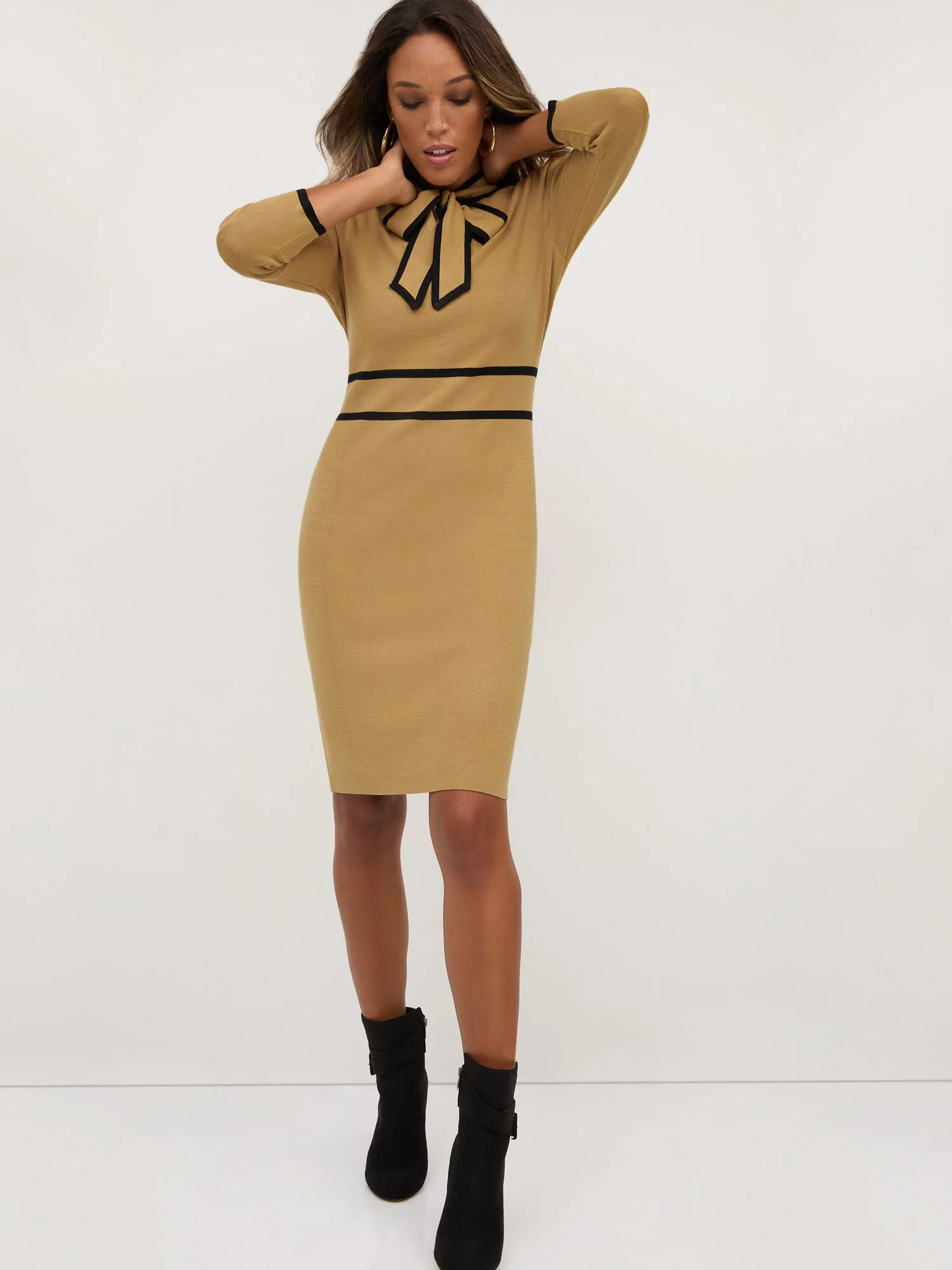 Piped Bow-Neck Sweater Dress - Image 12