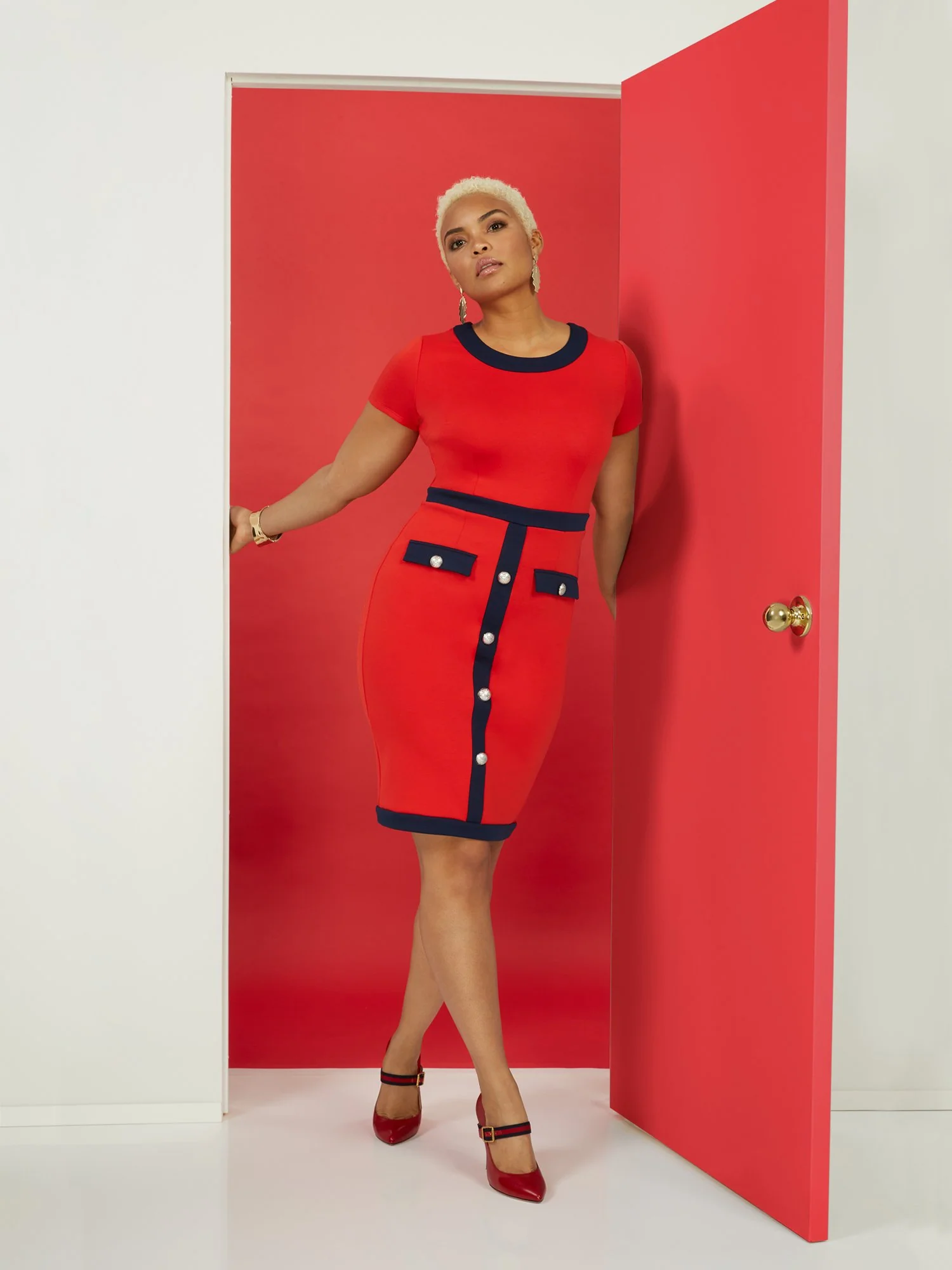 Piped Nautical Sheath Ponte Dress - Superflex - Image 7