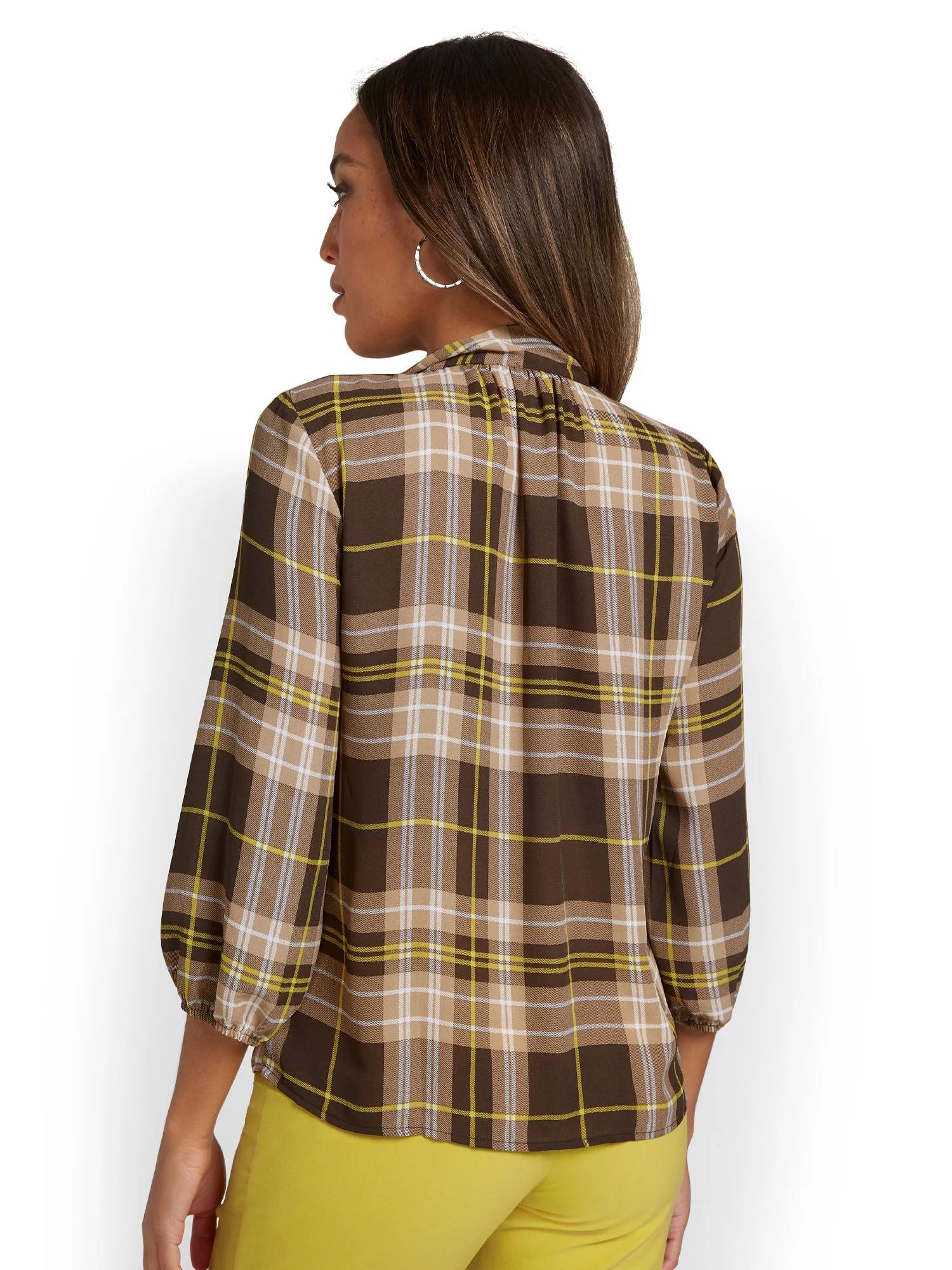 Plaid Button-Detail Bow-Front Blouse - Image 3