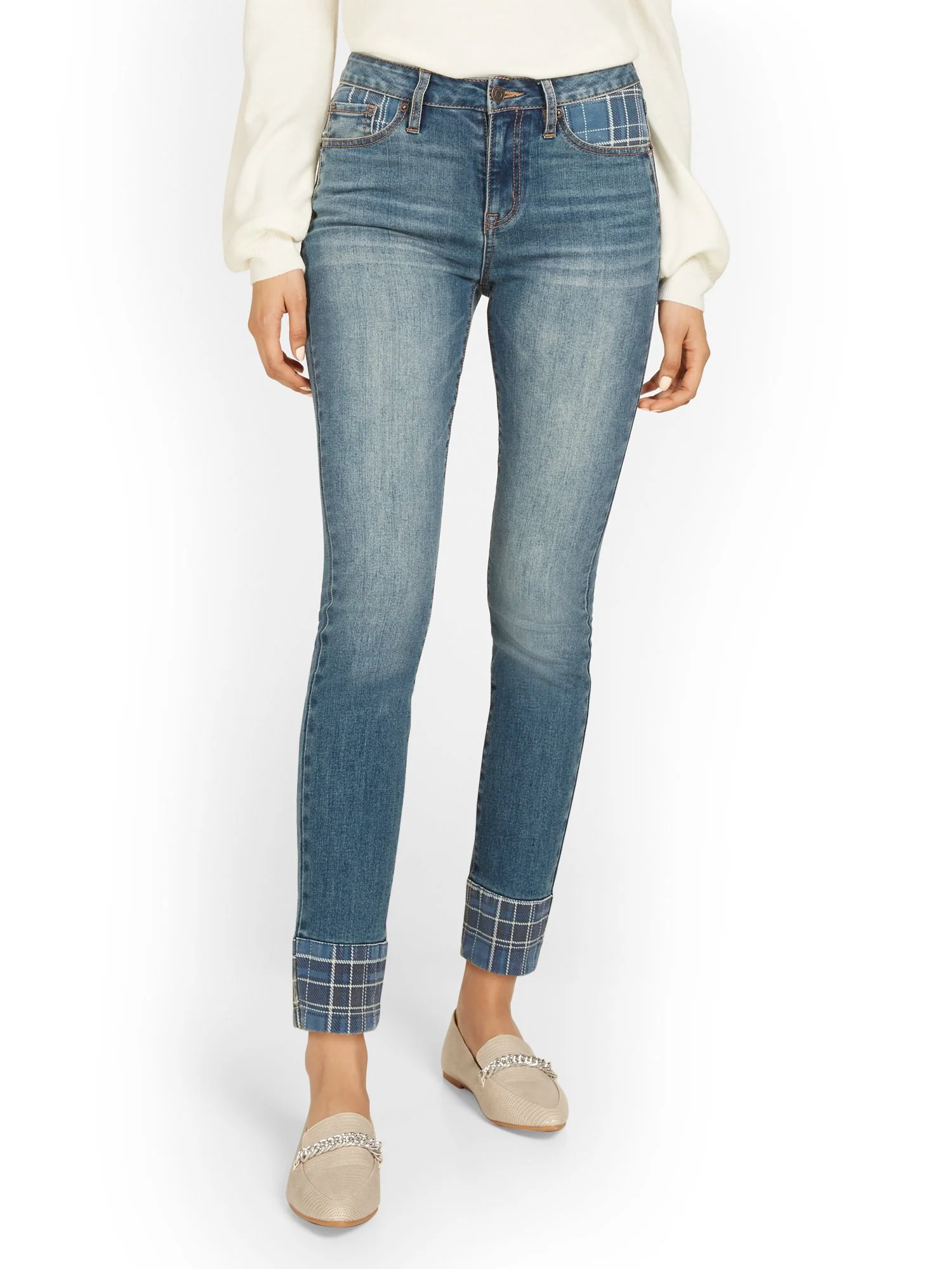 Plaid-Detail Super-Skinny Ankle Jeans