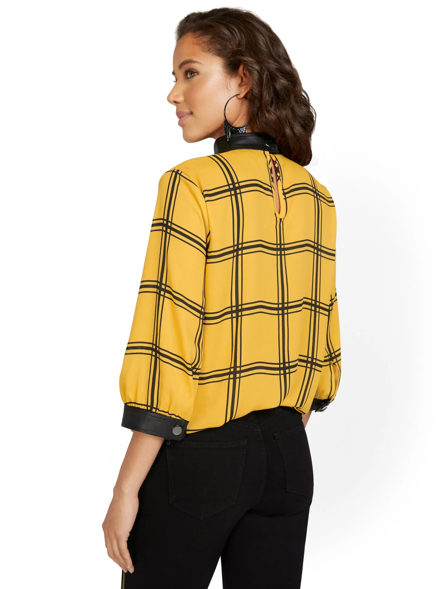 Plaid Faux-Leather Trim Mock-Neck Blouse - Image 3