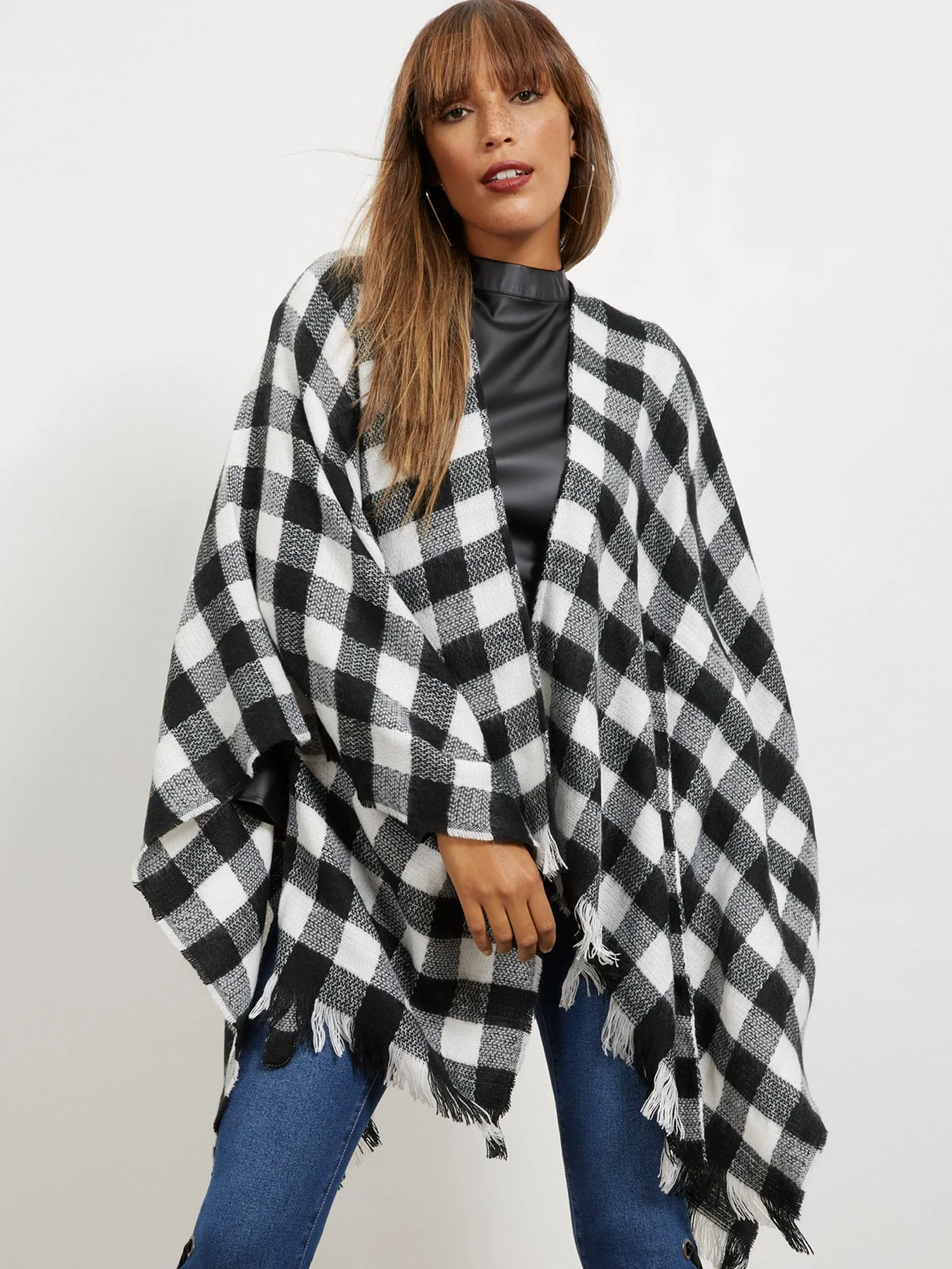 Plaid Tie-Front Poncho - Image 4