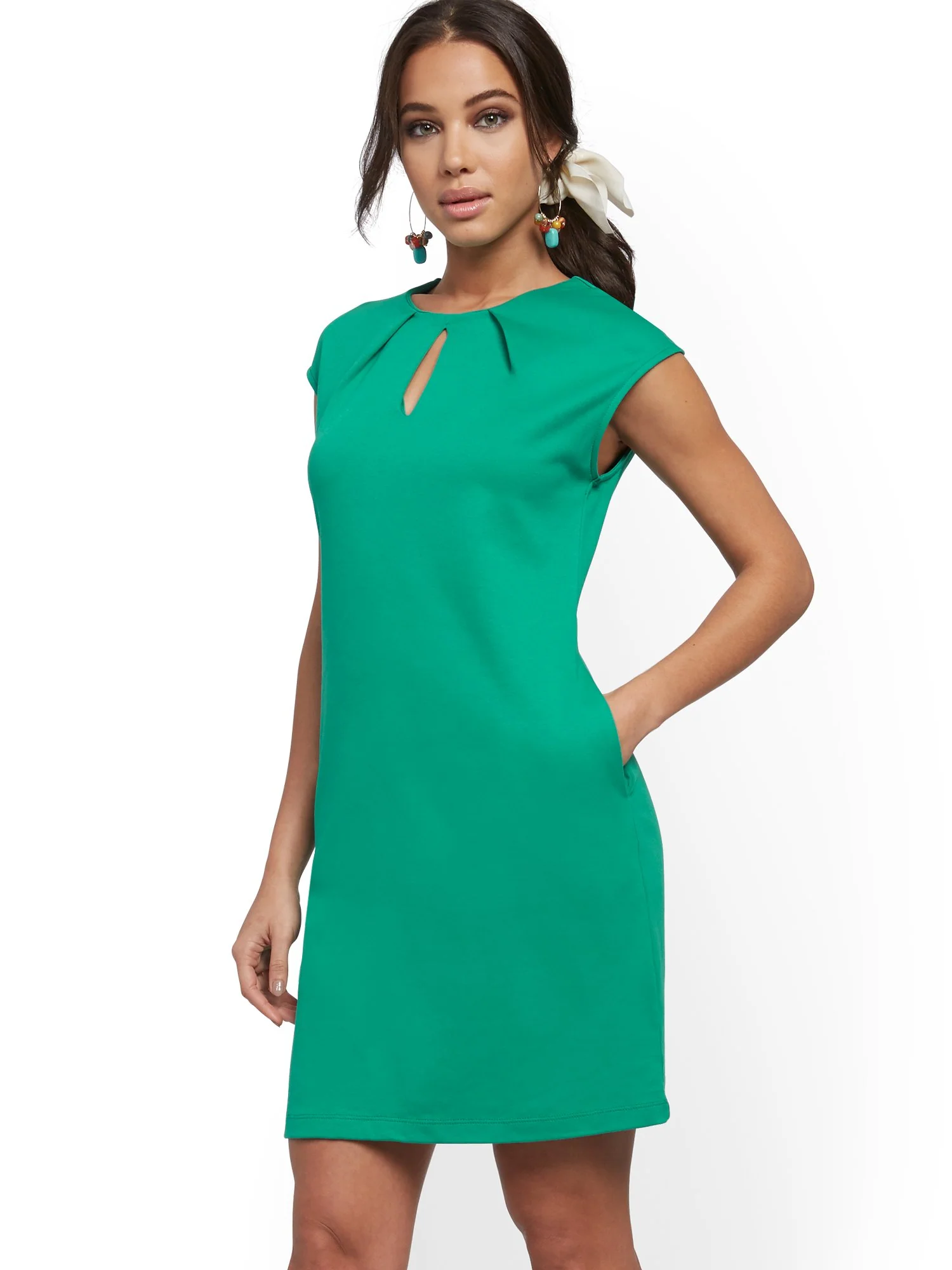 Pleated Cotton Keyhole Shift Dress - Image 23
