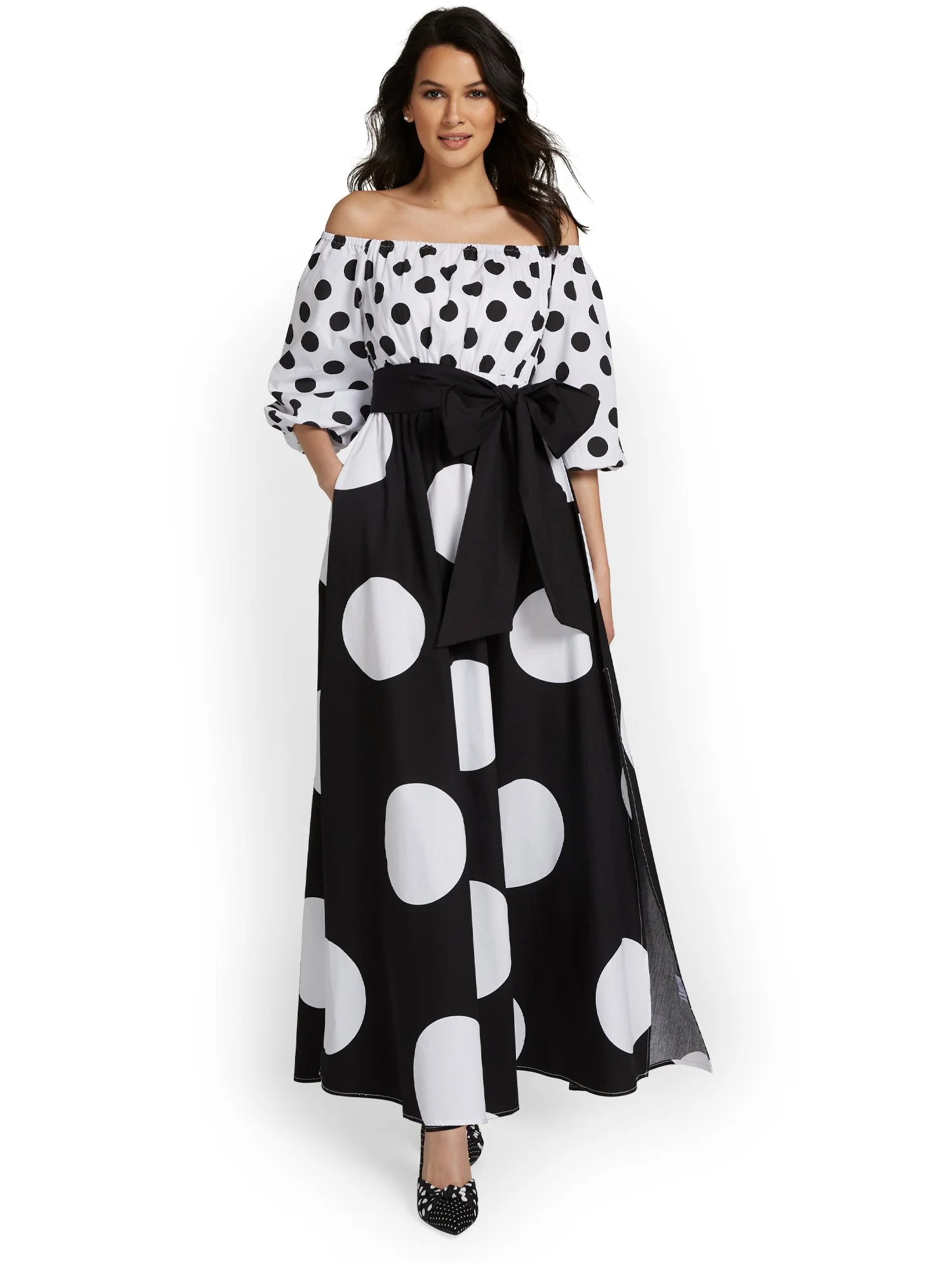 Polka-Dot Off-The-Shoulder Maxi Dress