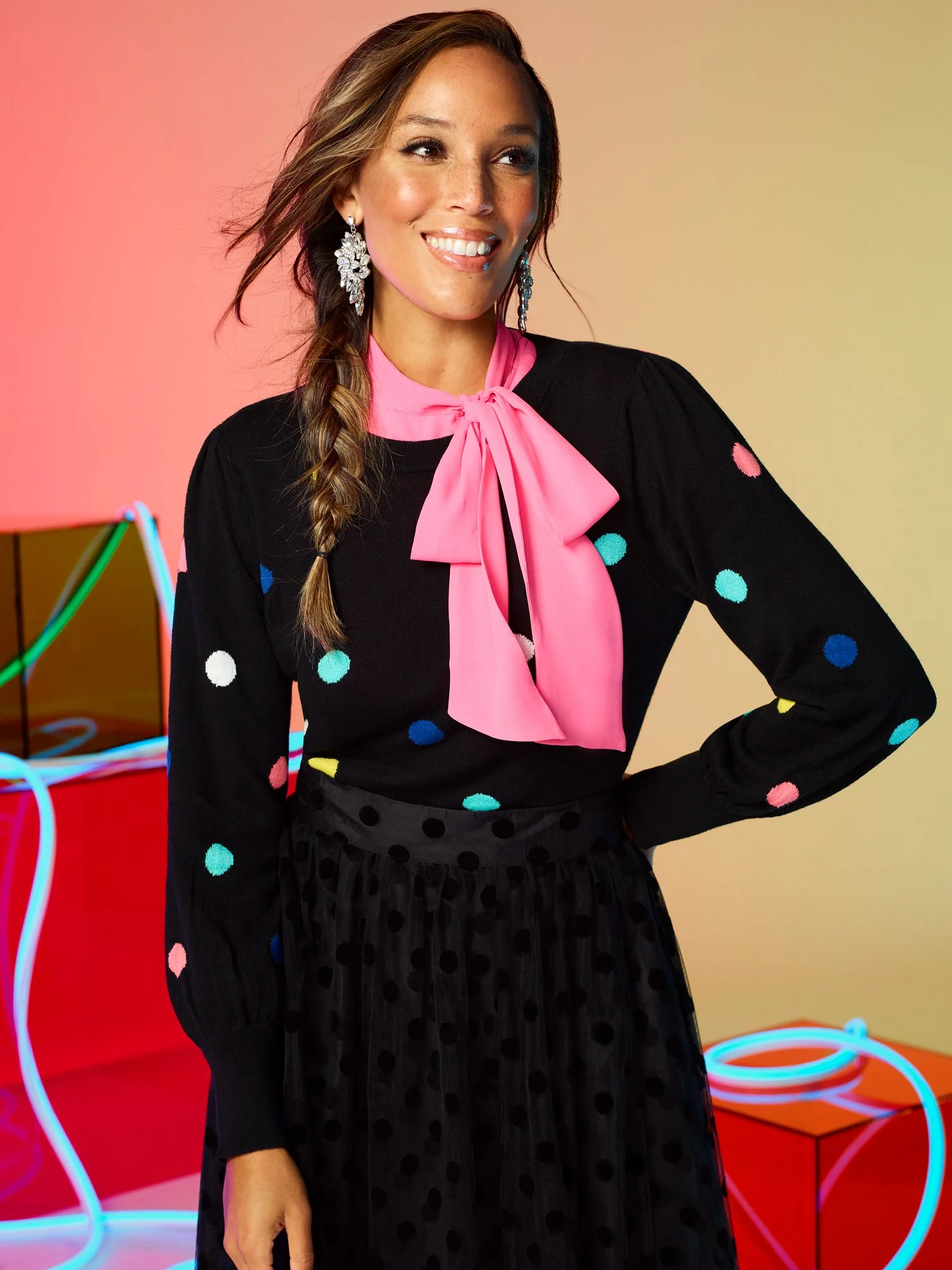 Polka-Dot Puff-Sleeve Crewneck Sweater - Image 2